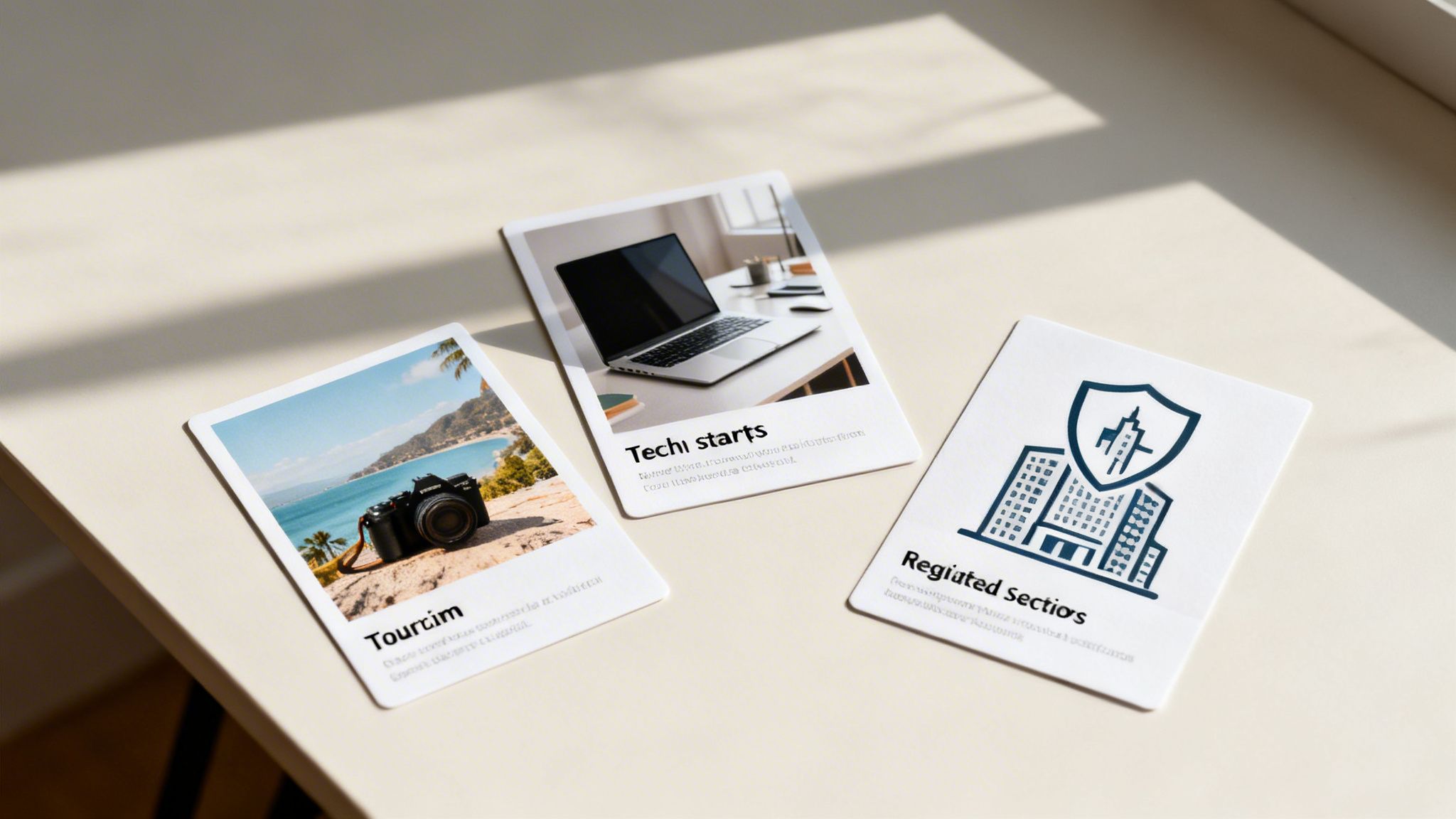 Three cards on a light table, showcasing images and text for tourism, tech, and regulated sectors.