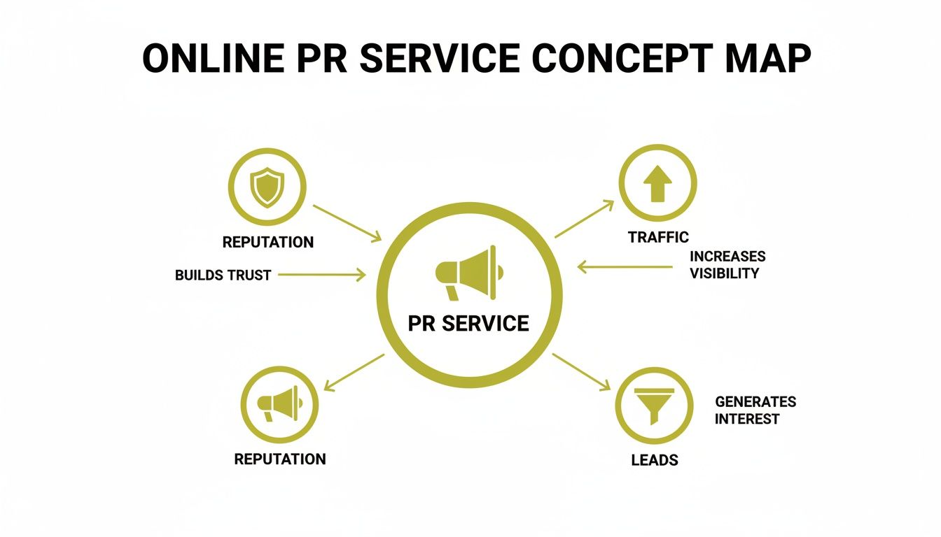 Concept map illustrating the benefits of online PR service, focusing on reputation, traffic, and leads.
