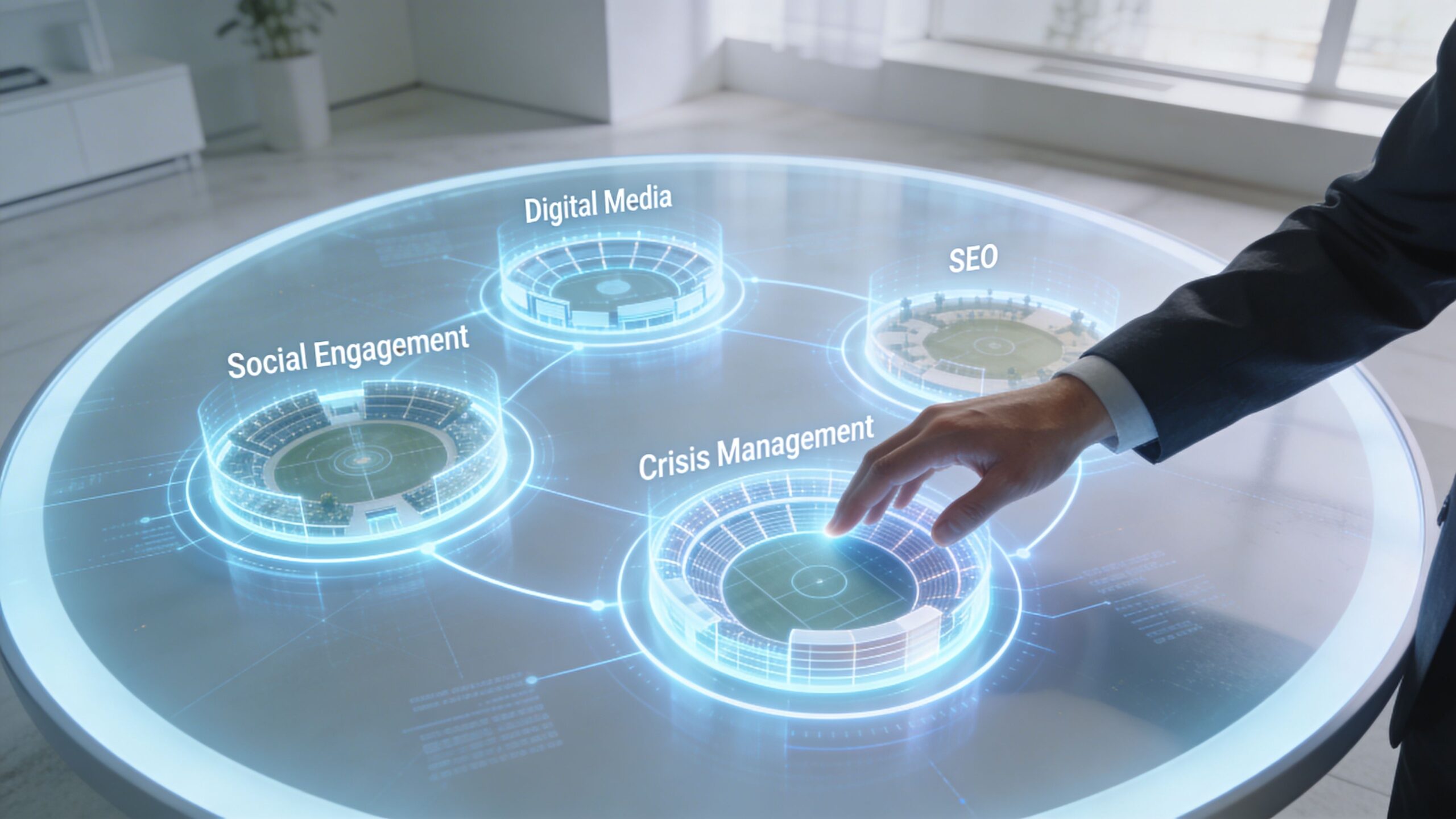 A businessman interacting with a holographic display featuring icons for digital marketing and public relations services.