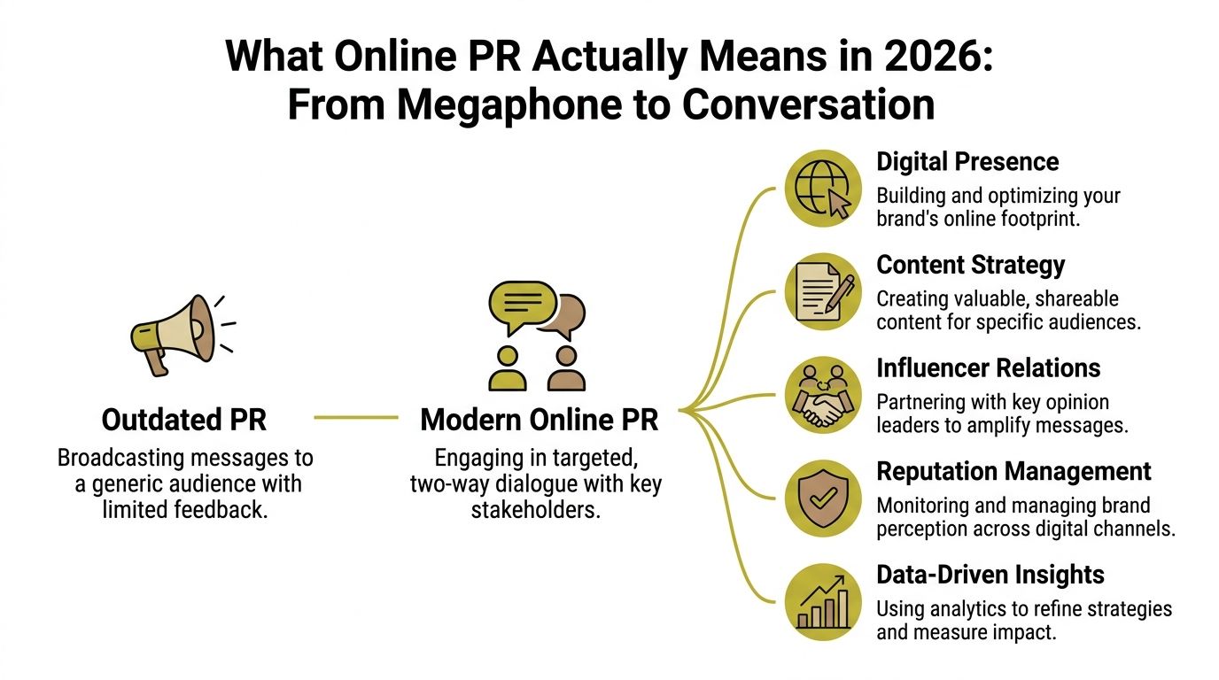 A diagram contrasting outdated PR megaphone tactics with modern online PR's digital engagement and strategic elements.