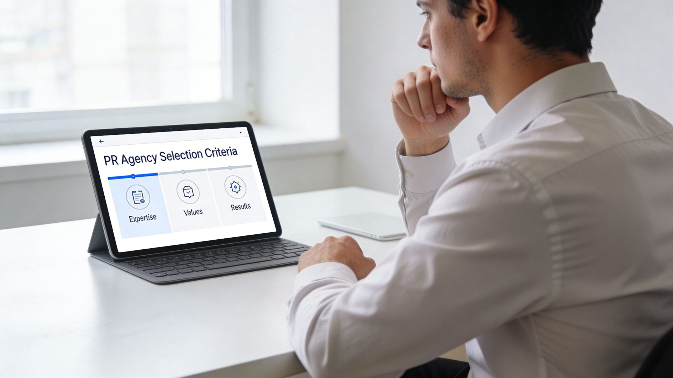 A professional man reviewing PR agency selection criteria for expertise, values, and results on his digital tablet.