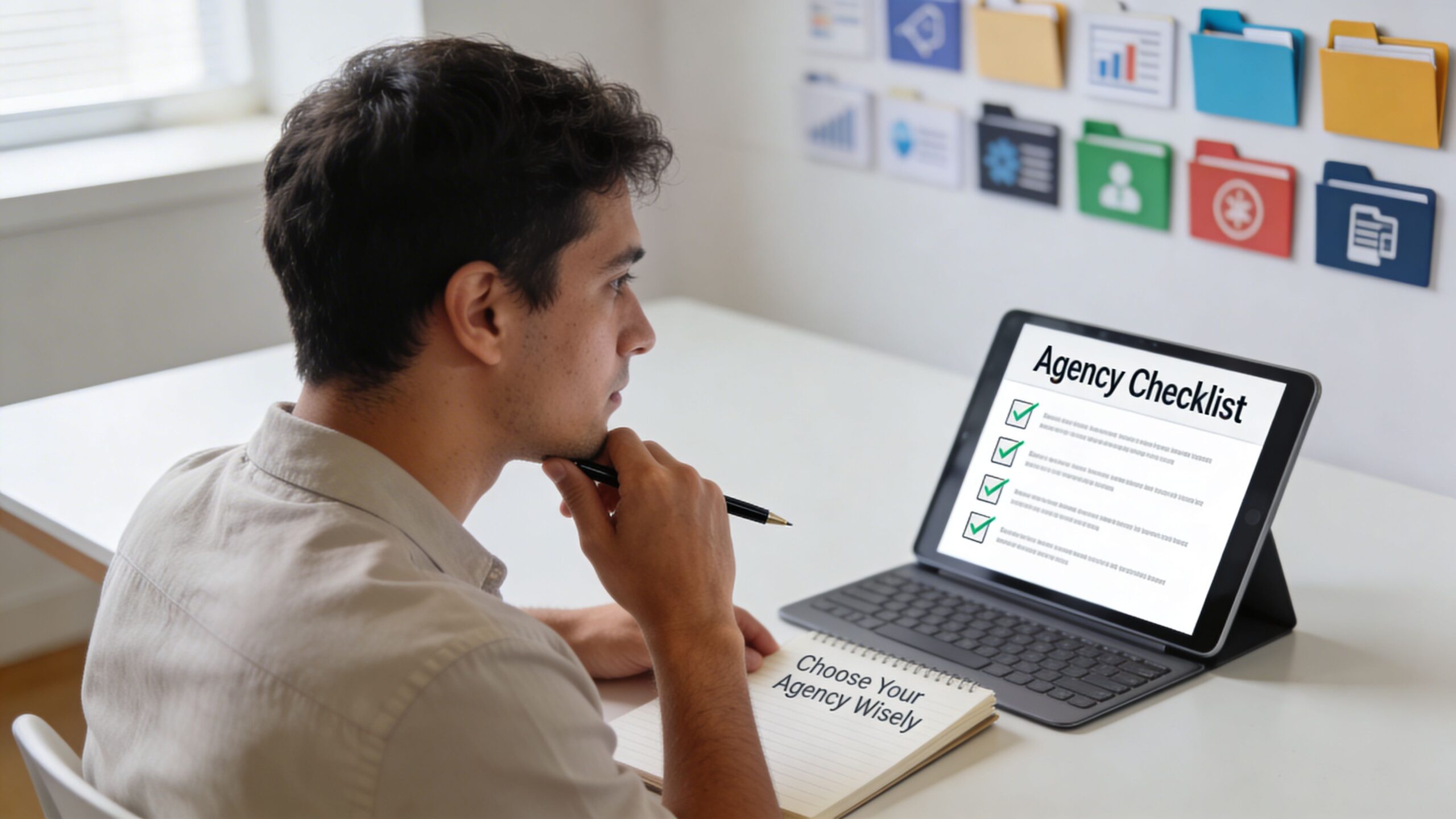 A person sitting at a desk looking at a tablet displaying an agency checklist and taking notes.