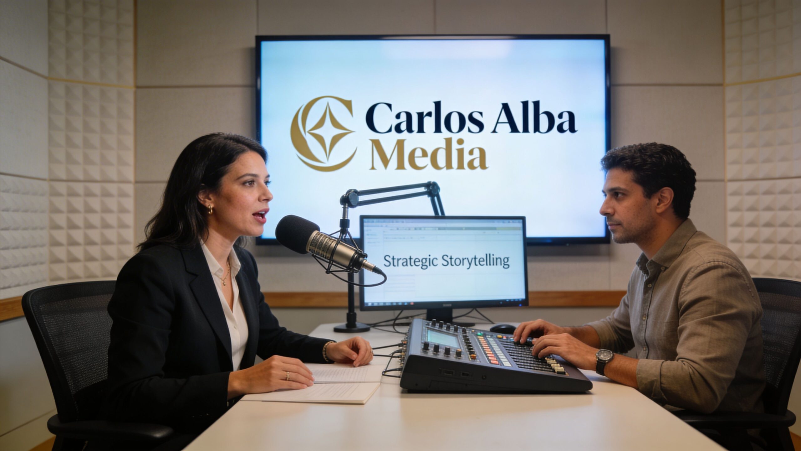 A professional woman speaking into a microphone while a man operates a sound mixing console in a studio.