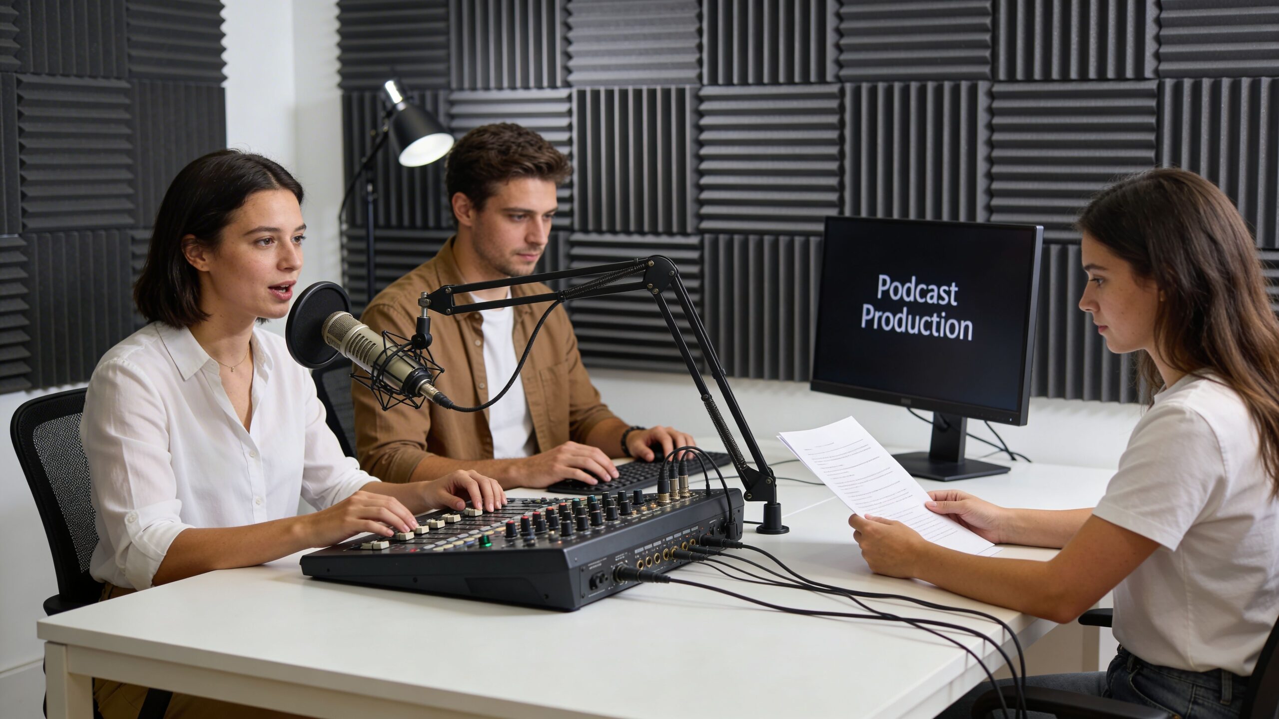 Three young professionals working in a modern studio on podcast production with audio equipment and a monitor.