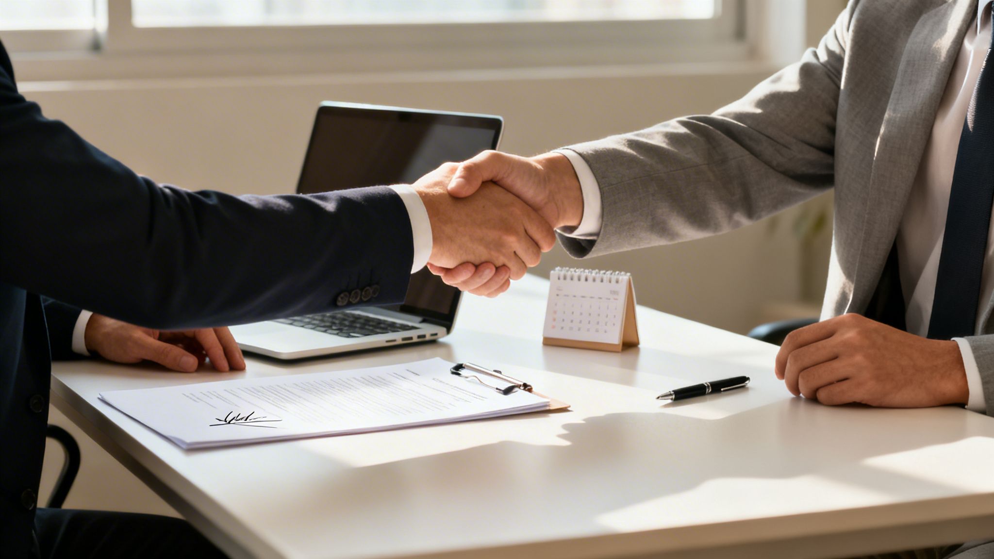 Two professional businessmen shake hands across a desk after signing a contract, symbolizing partnership.