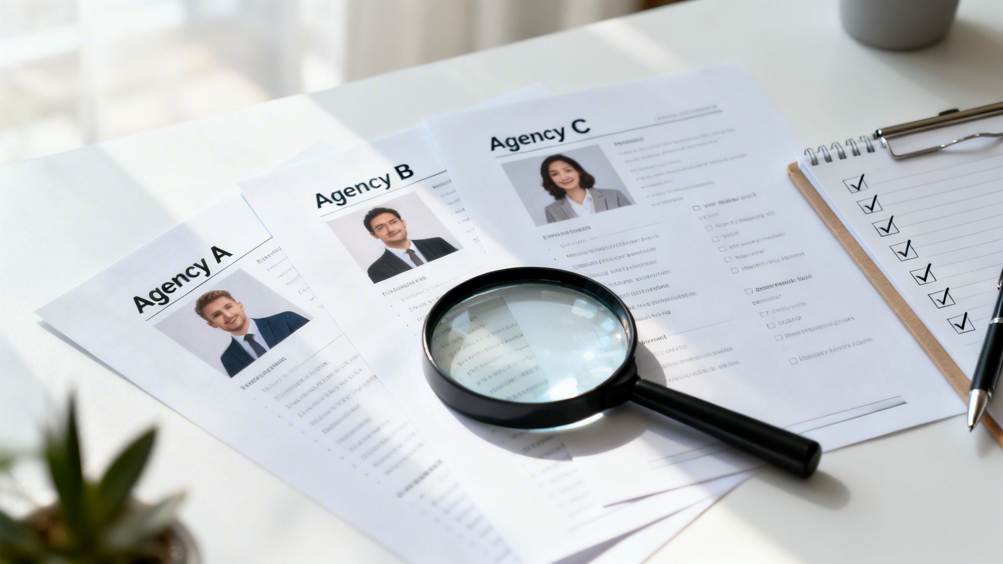 Reviewing job applications from agencies A, B, C with a magnifying glass and a checklist.