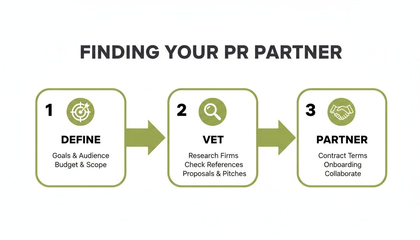 A three-step infographic outlining how to find a PR partner: Define, Vet, and Partner.