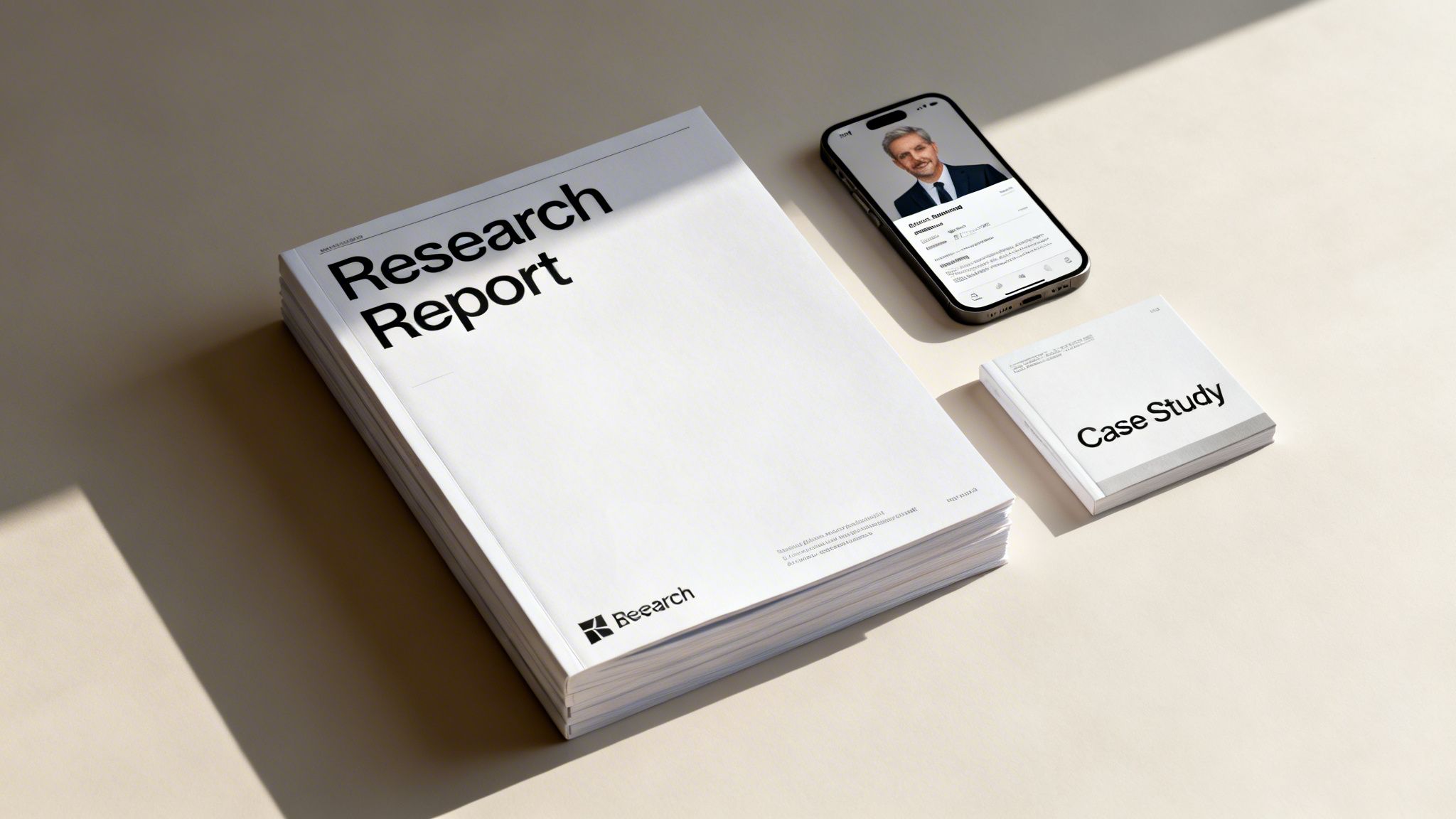 A clean workspace featuring a 'Research Report' stack, a 'Case Study' book, and a smartphone.