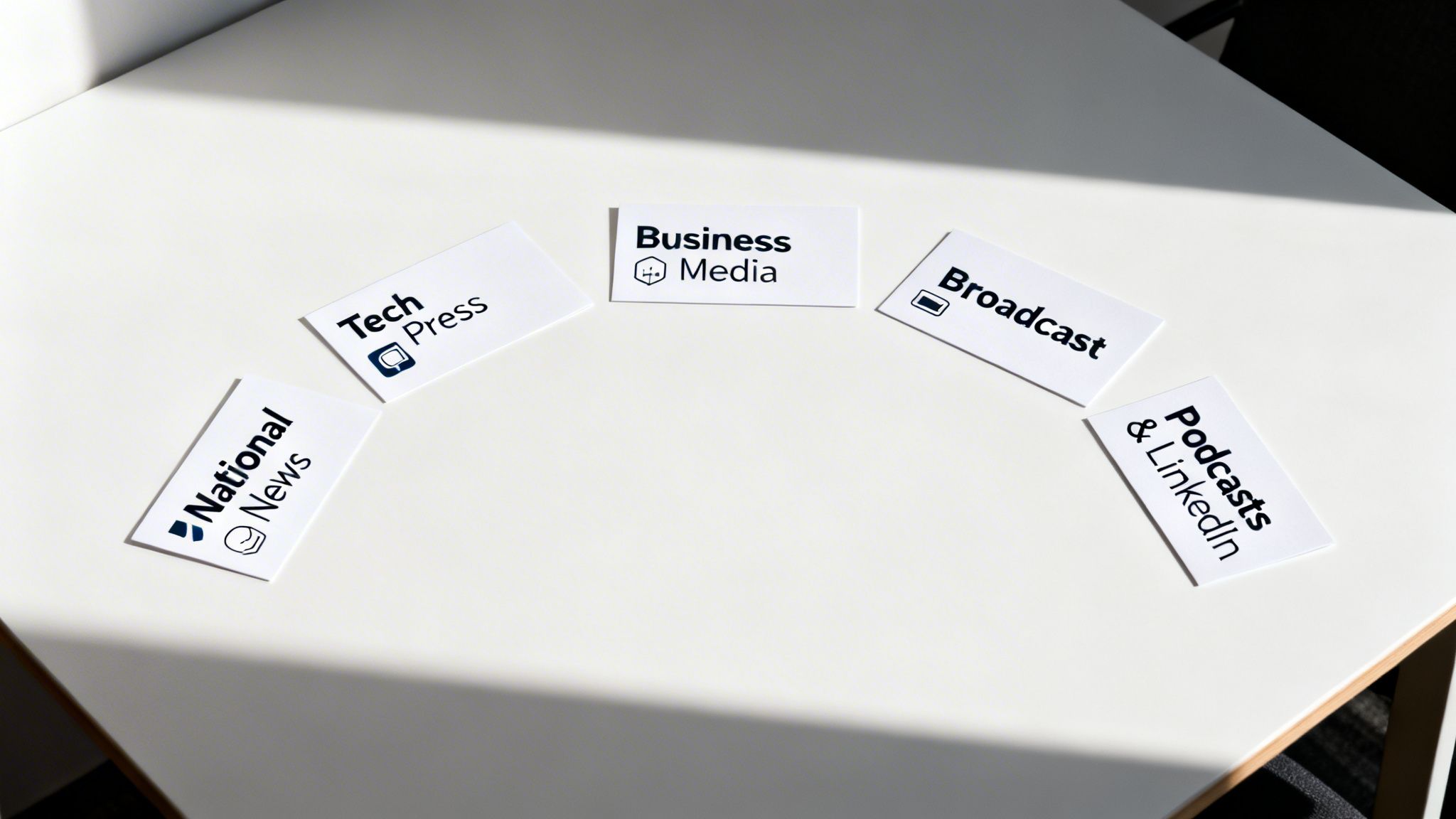 Five white cards displaying different media categories like 'Tech Press' and 'National News' on a table.