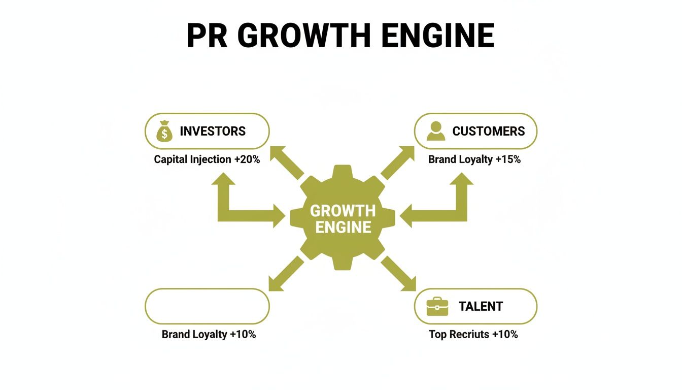 Diagram illustrating how a PR growth engine drives benefits for investors, customers, talent, and brand loyalty.