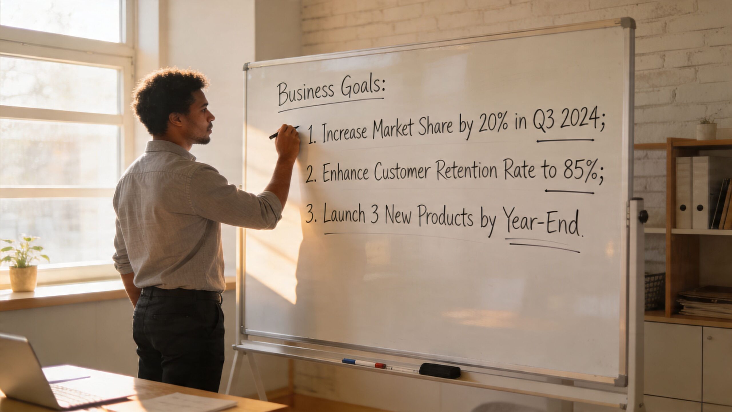 A professional man writing business goals on a whiteboard in a bright office environment.
