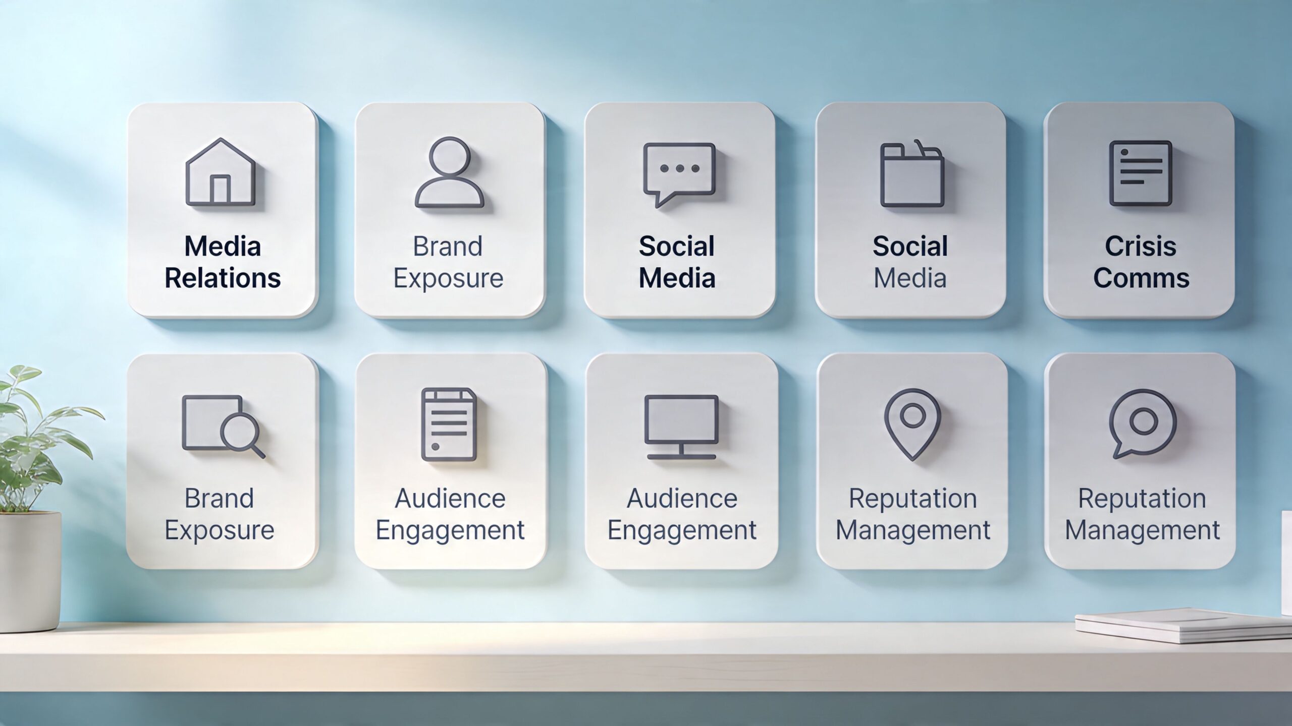 A minimalist wall display featuring ten square icons representing public relations and digital marketing service categories.