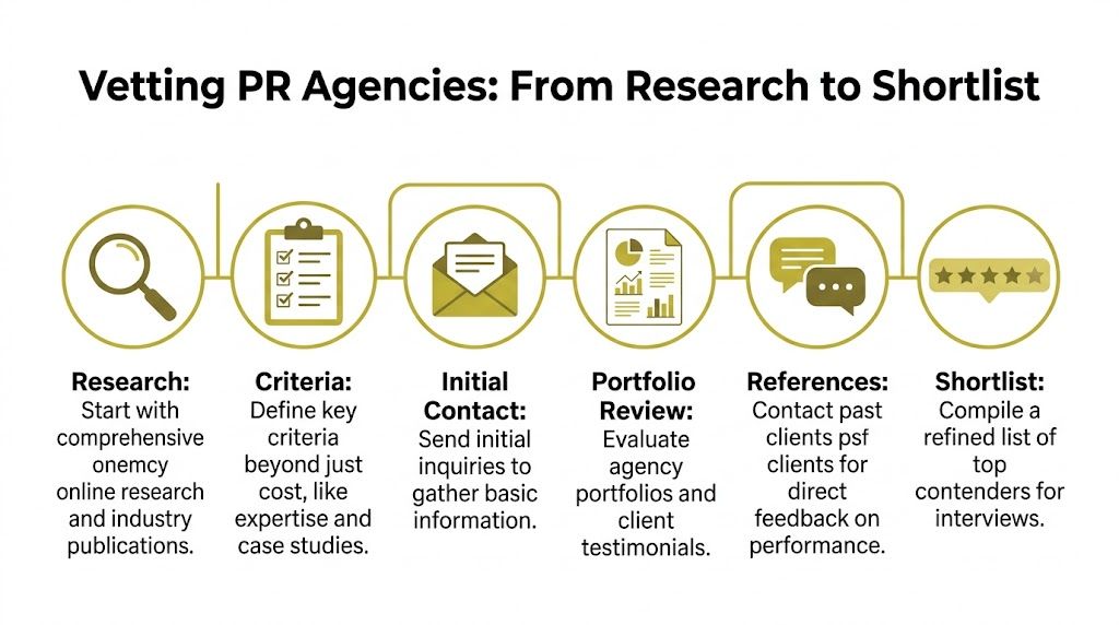 A diagram illustrating the six-step process for vetting and selecting a public relations marketing agency.