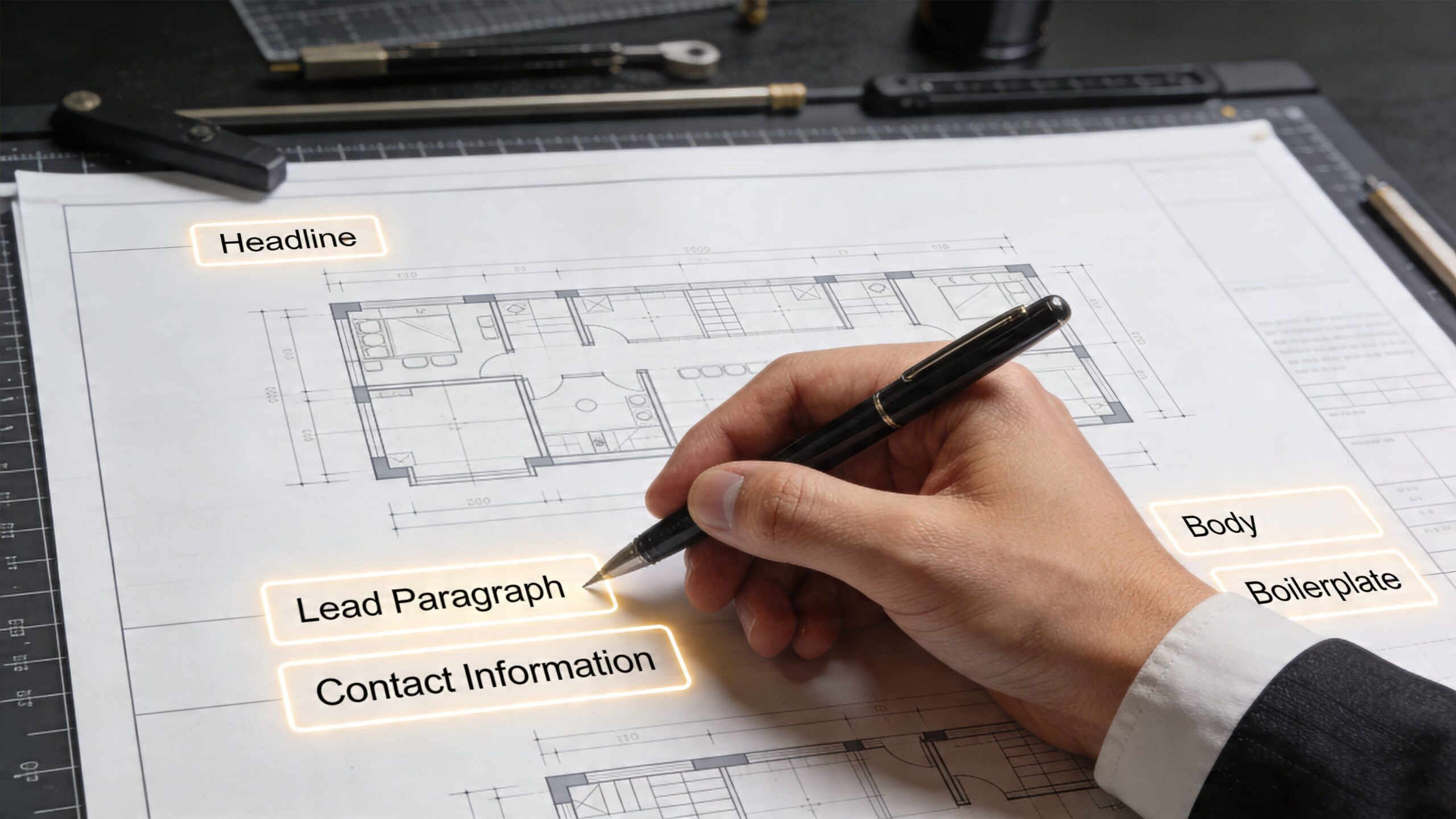 A professional architect's hand holding a pen over a technical floor plan blueprint on a desk.