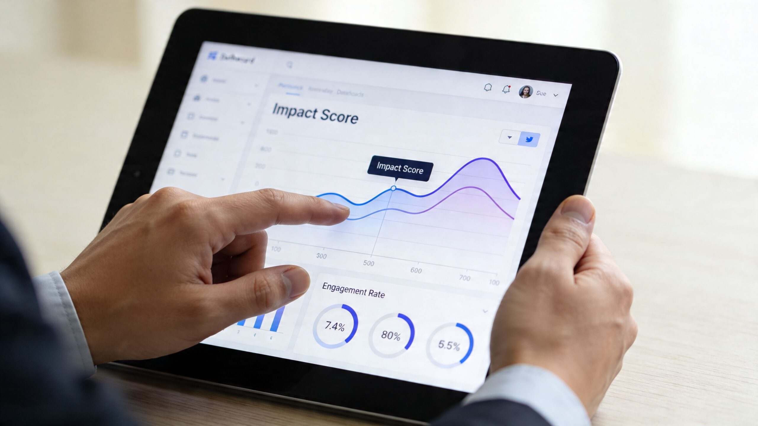 A professional analyzing business performance data and impact scores on a digital tablet screen.