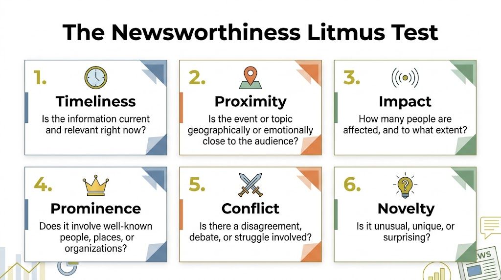 A graphic titled The Newsworthiness Litmus Test listing six key factors for evaluating the value of news.
