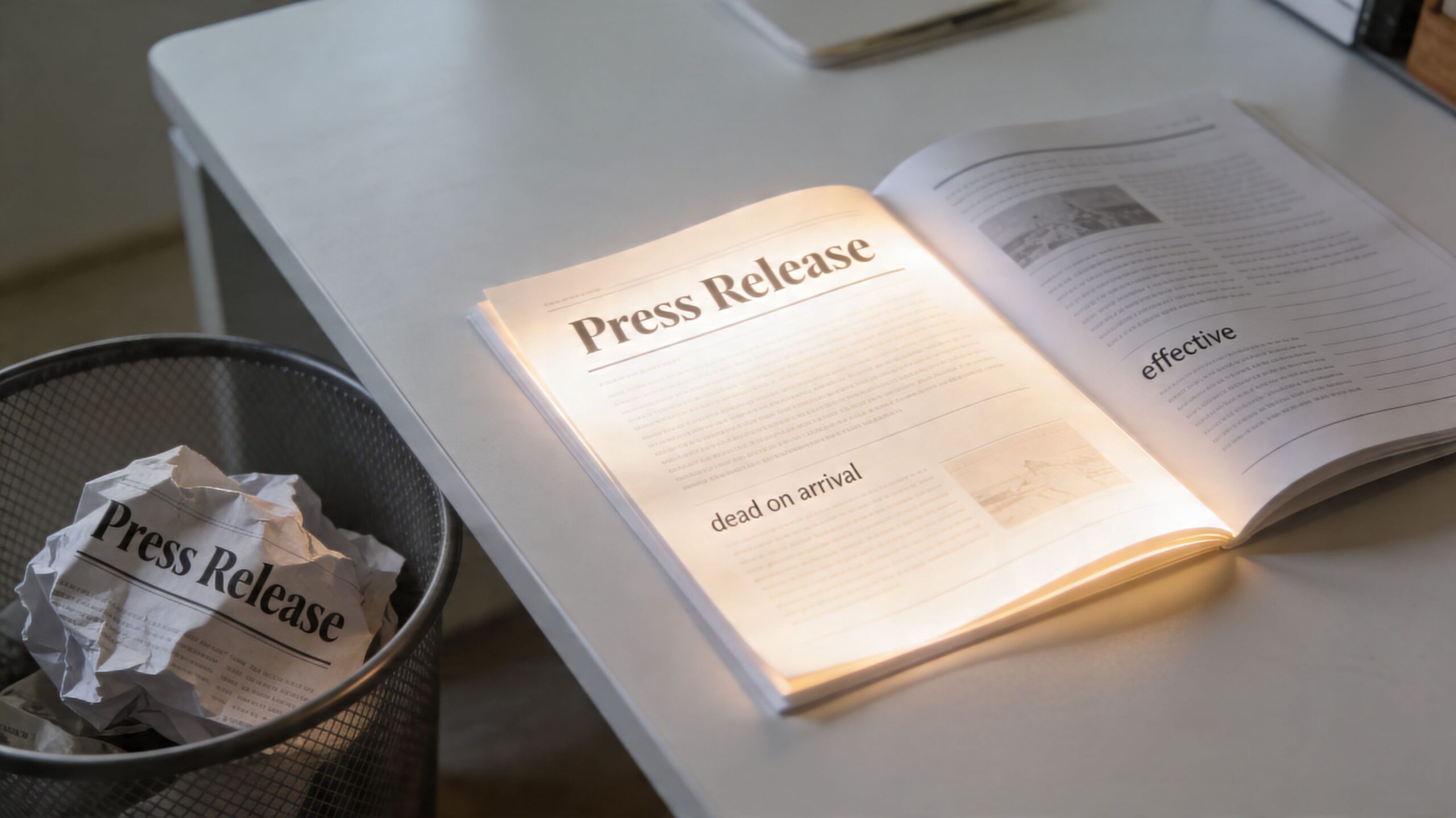 A brightly lit press release document on a desk next to a trash bin with crumpled papers.