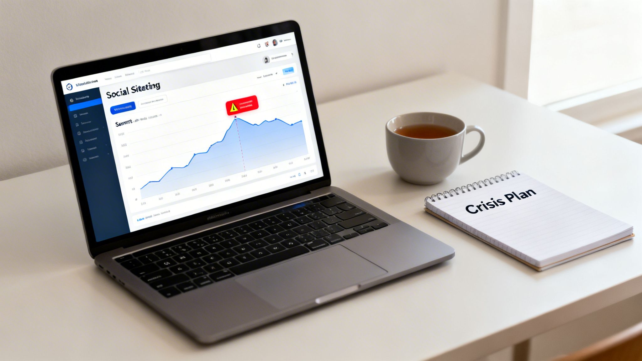 Laptop displaying a social media crisis graph and 'Crisis Plan' notebook with a cup of tea.