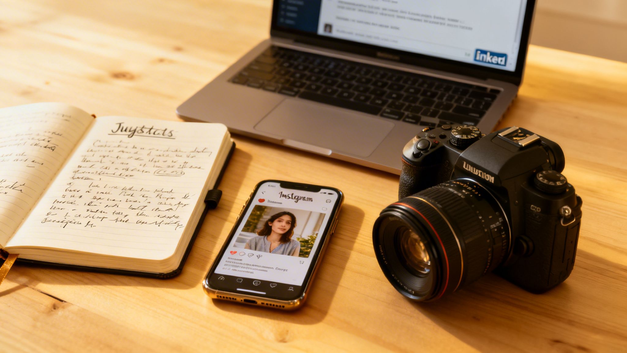 A flat lay of a professional's wooden desk with a notebook, smartphone, laptop, and camera.