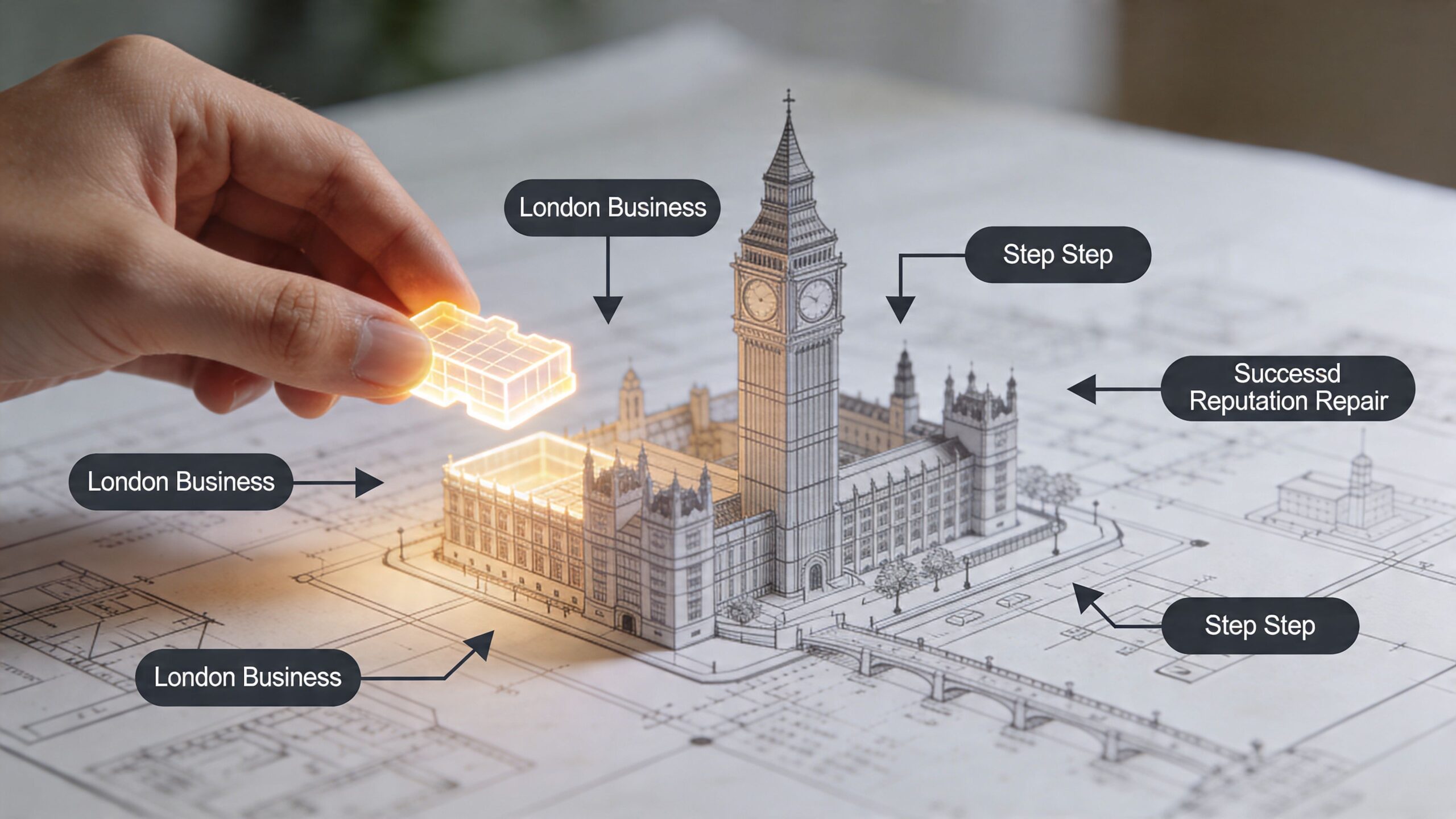 A hand placing a glowing building block onto a detailed blueprint of Big Ben in London.