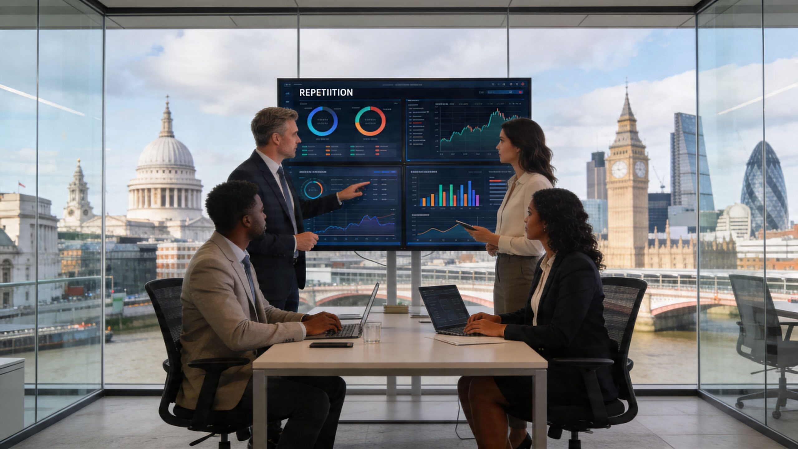 A professional team discussing business strategies in a modern office with a view of London landmarks.