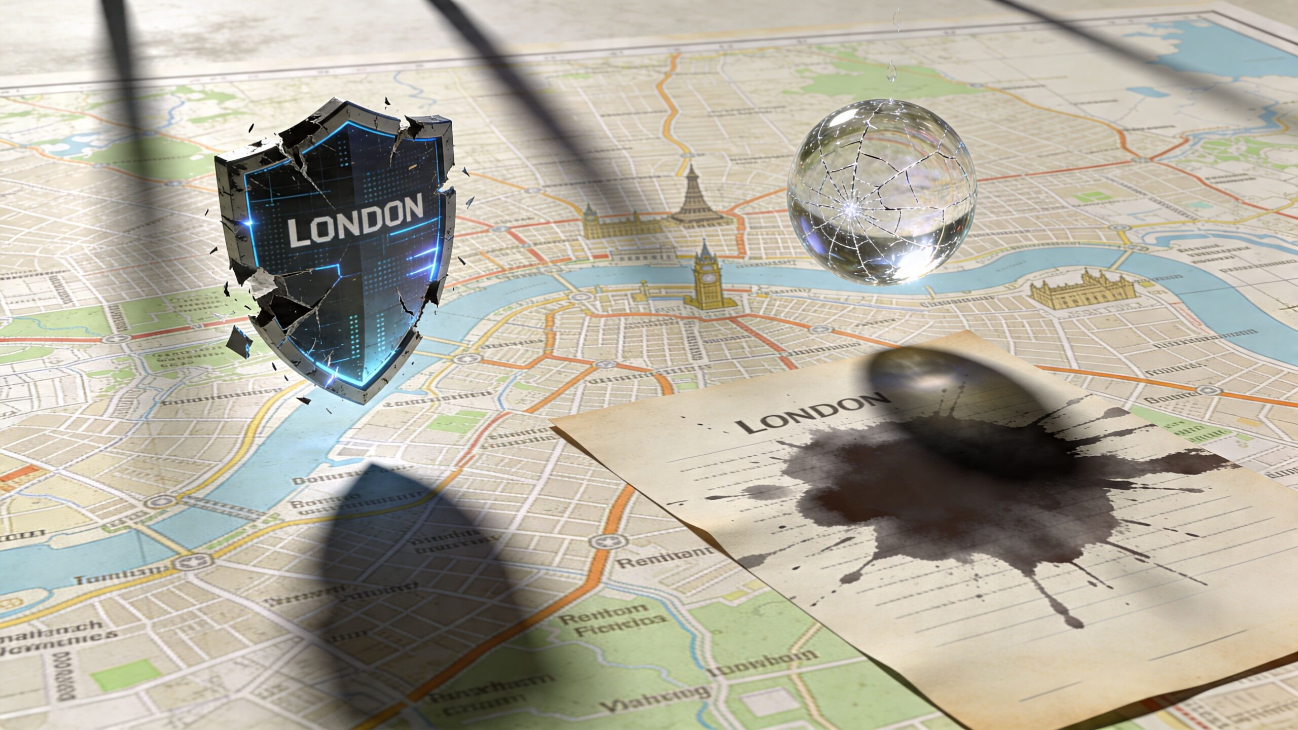 A conceptual digital illustration featuring a shield with the London label over a city map with ink.