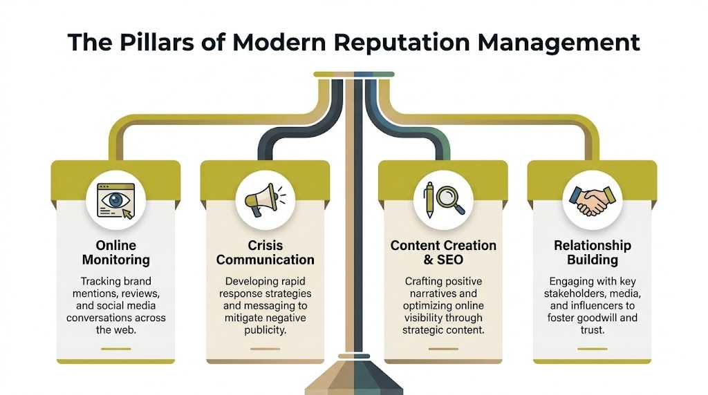 A diagram illustrating the four pillars of modern reputation management including monitoring, crisis communication, content, and building relationships.
