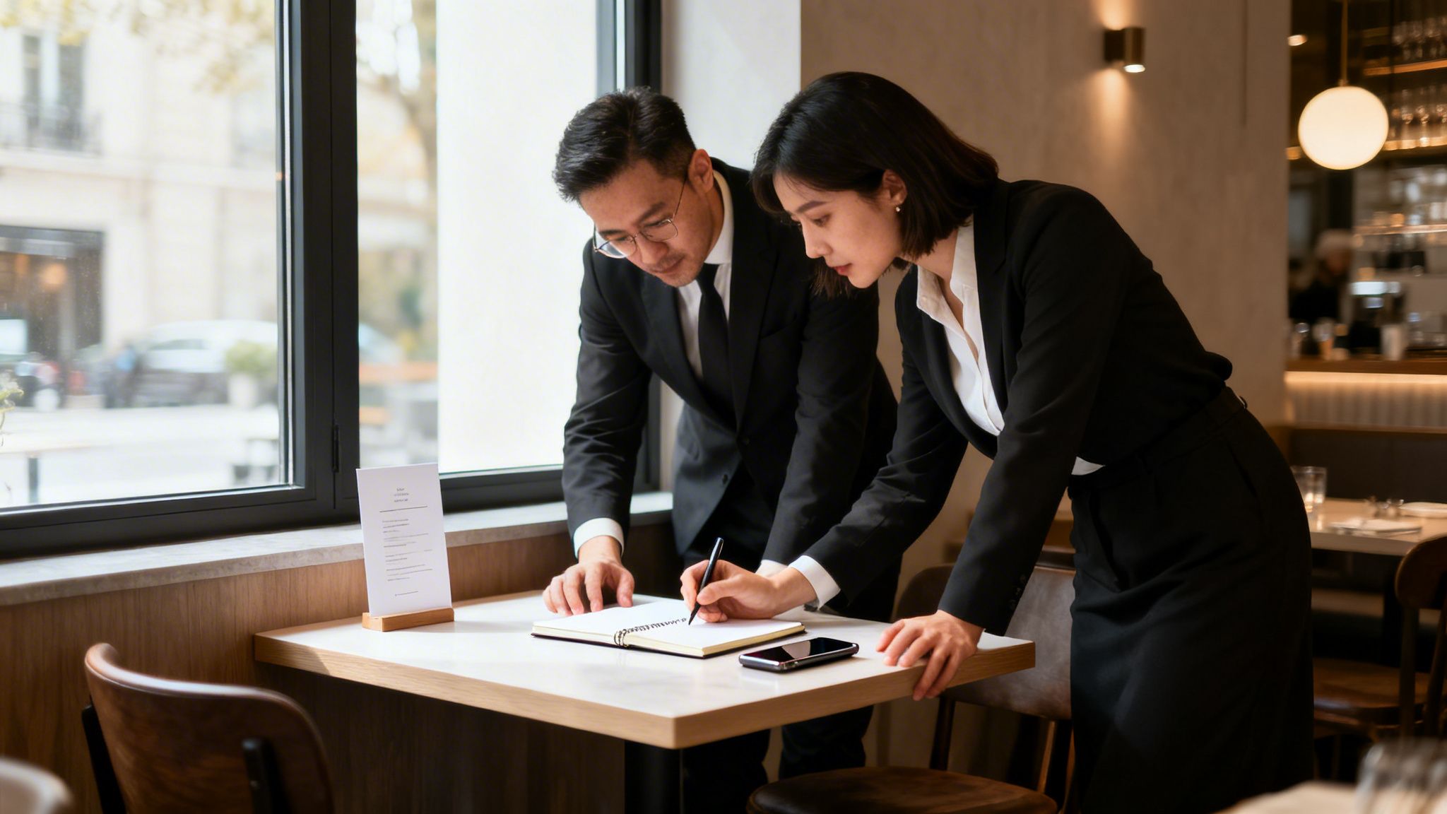 Two business professionals collaborating at a restaurant table, writing notes in a notebook.