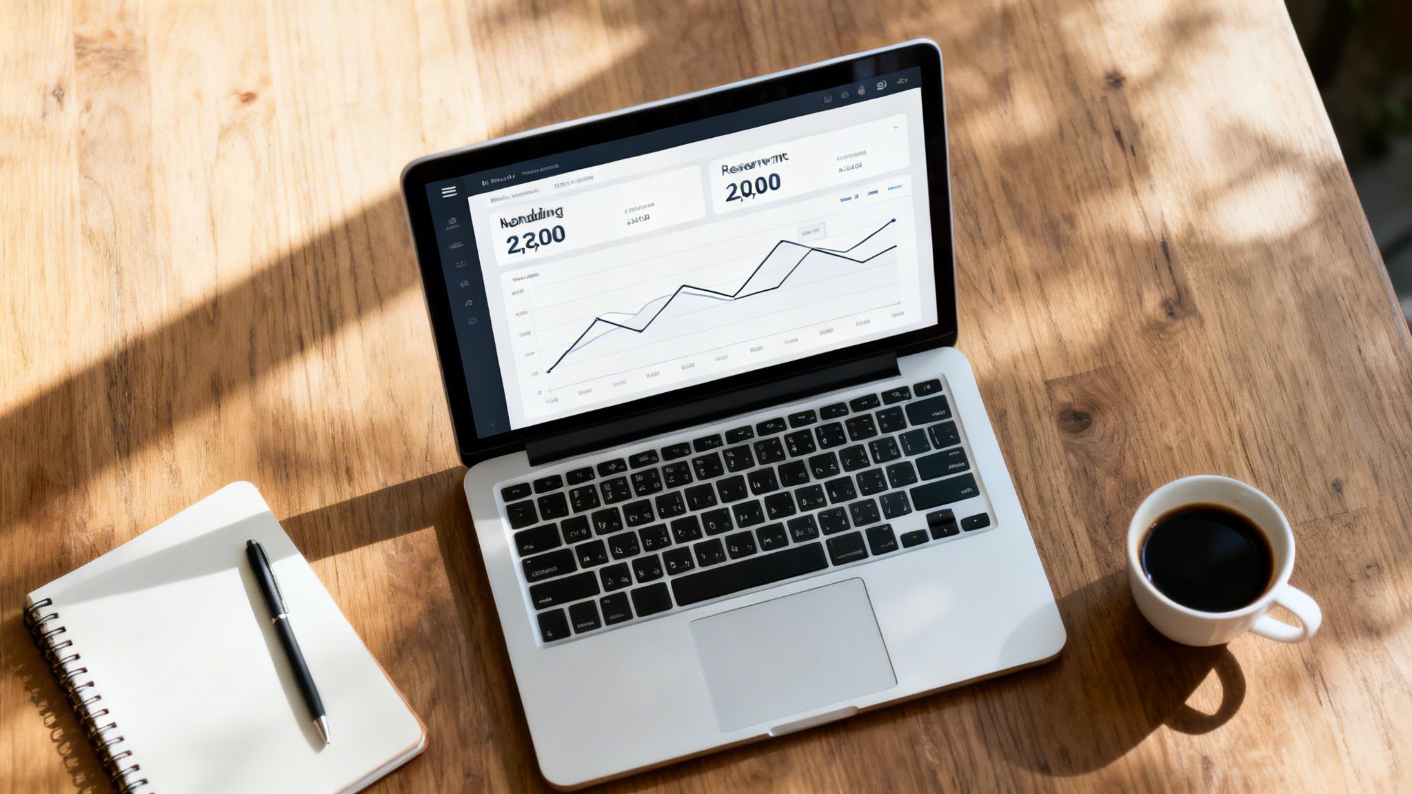 Overhead view of a laptop displaying a business dashboard with charts, a notebook, and coffee on a wooden table.