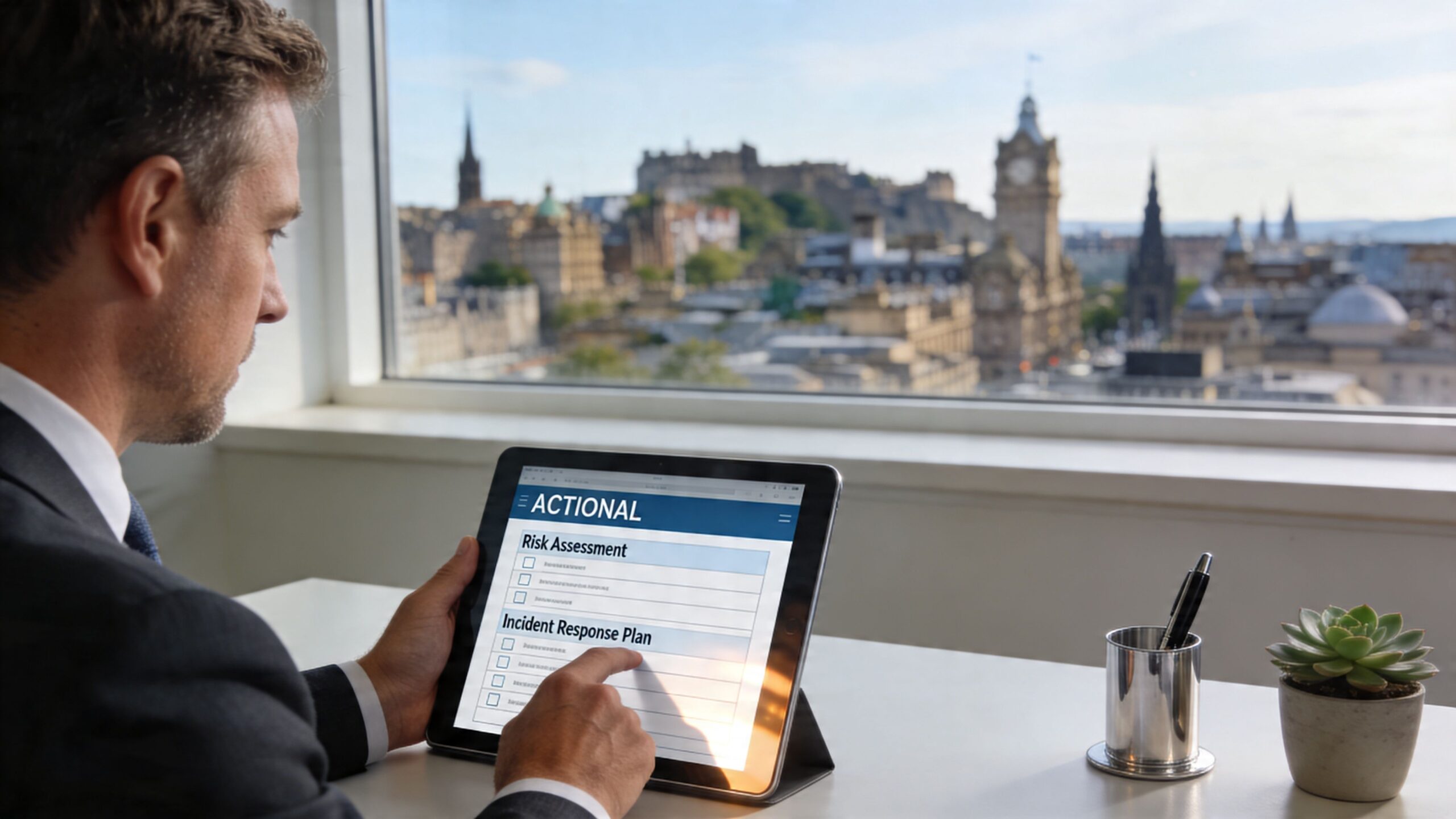 A professional man reviewing a risk assessment and incident response plan on a tablet in an office.