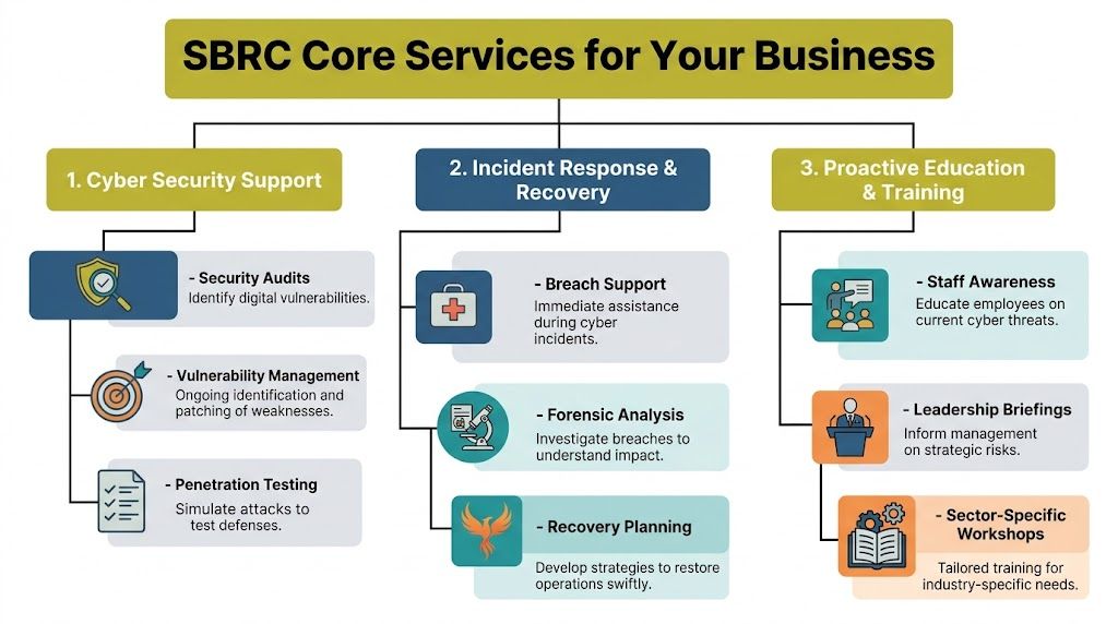 A diagram outlining the three core cybersecurity services provided by the Scottish Business Resilience Centre for businesses.