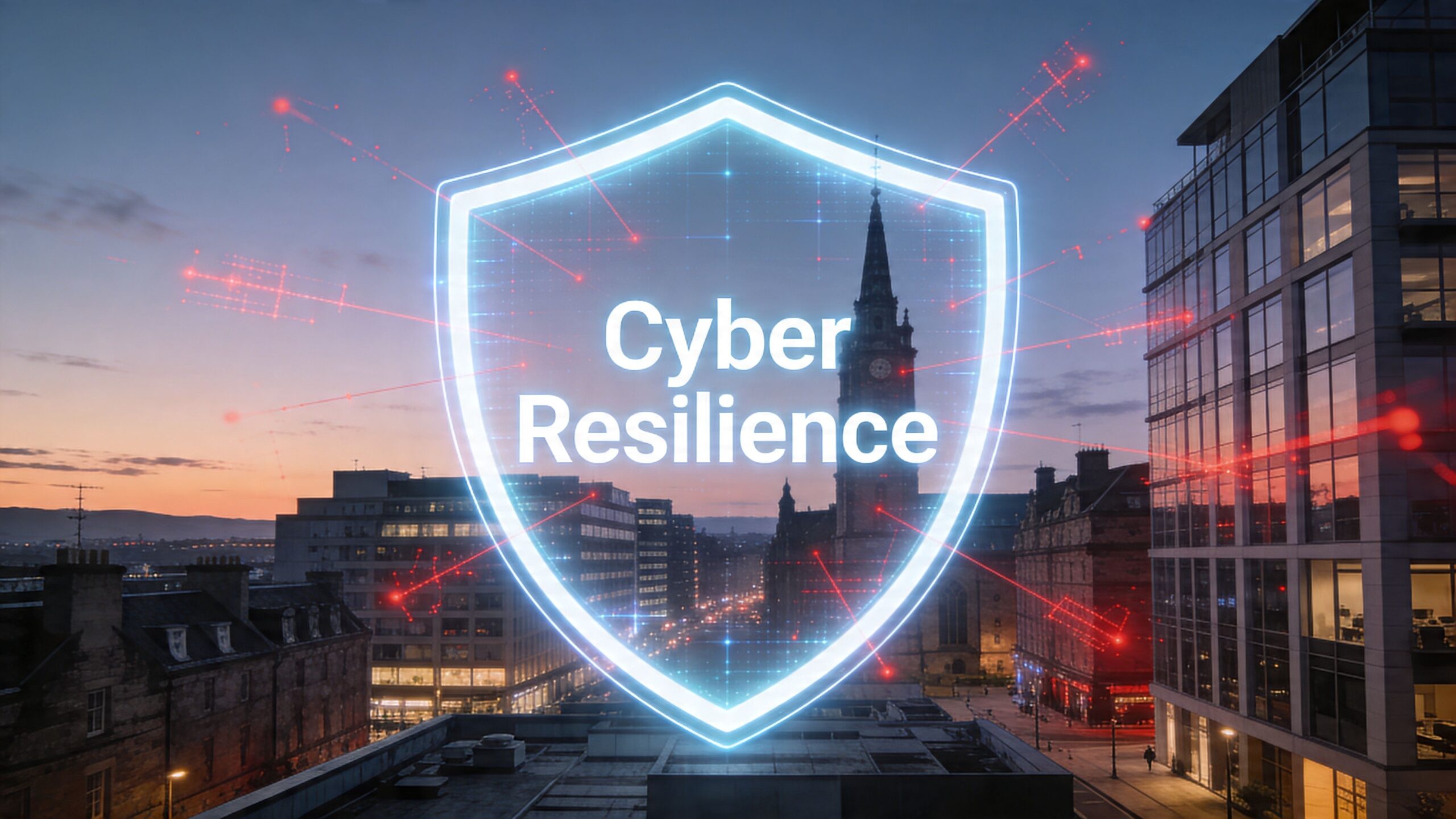 A digital glowing shield with Cyber Resilience text overlaid on a scenic dusk city skyline view.