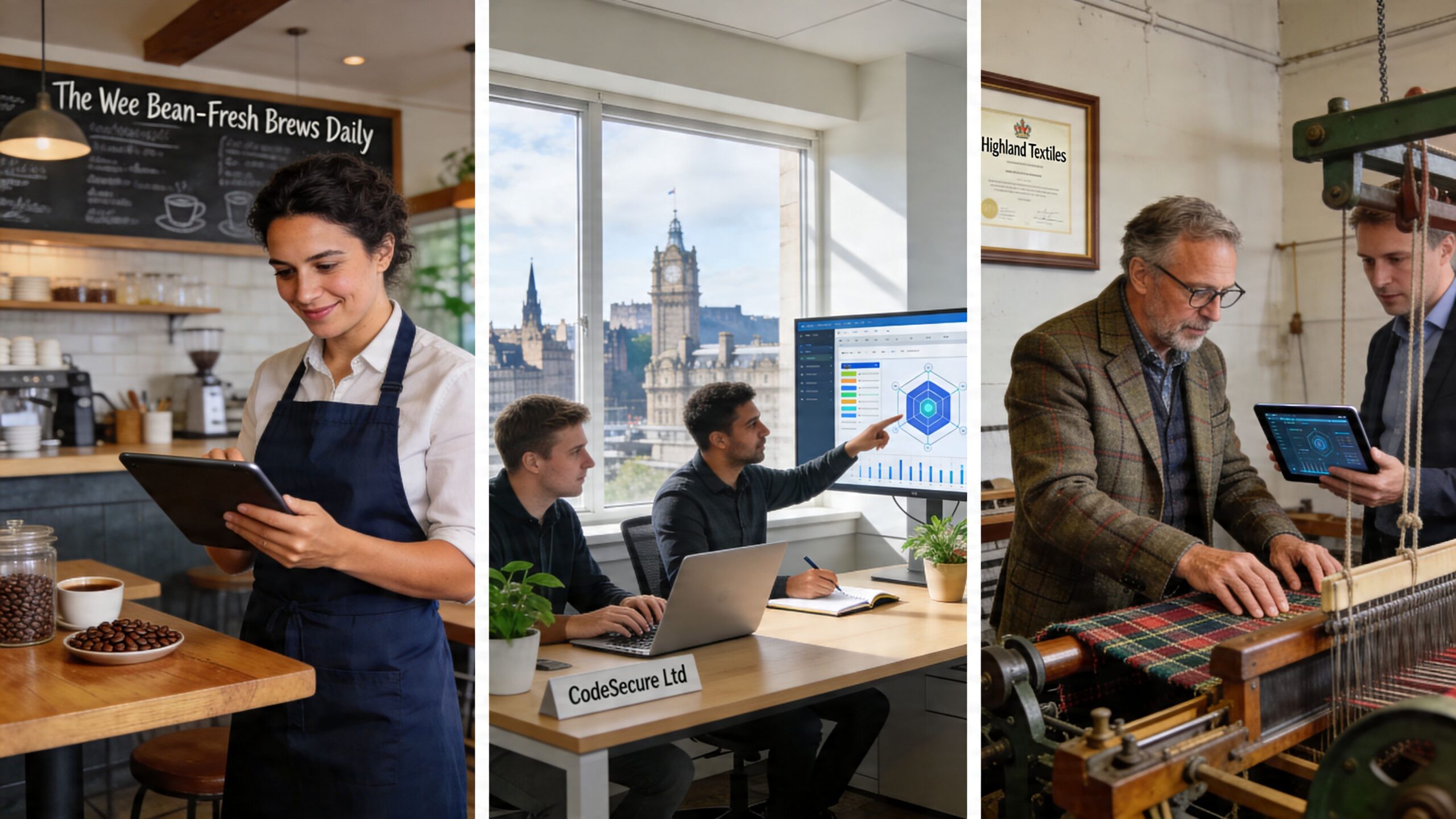 Three professionals working in diverse Scottish industries including a coffee shop, technology office, and traditional textile mill.