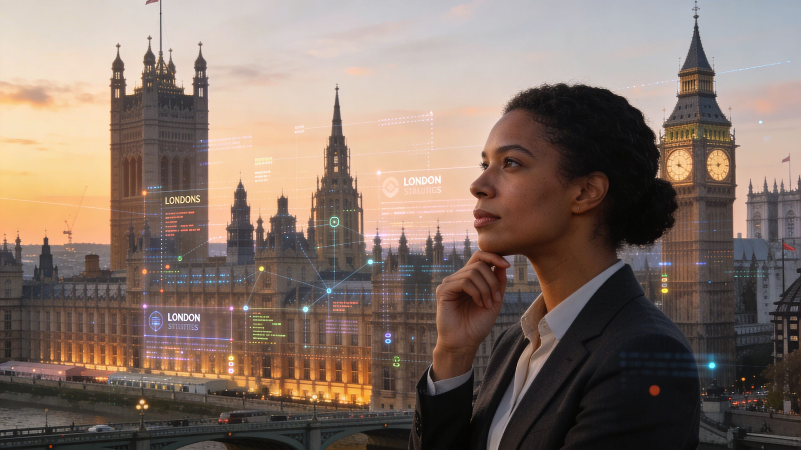 A professional woman looking at digital data visualizations overlaid on the London Parliament and Big Ben skyline.