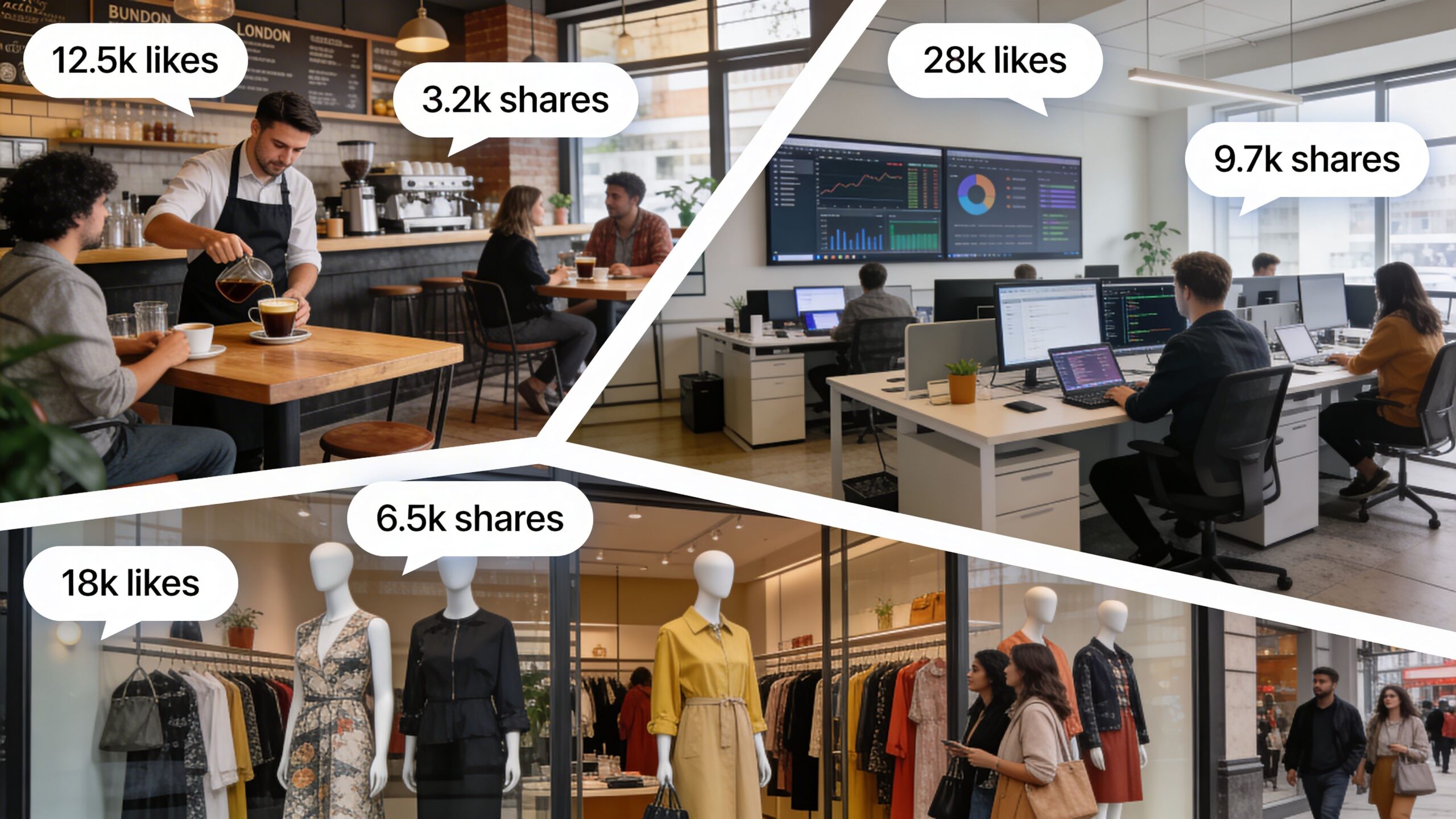 A collage showing social media marketing impact across cafe, office, and retail store settings with engagement stats.