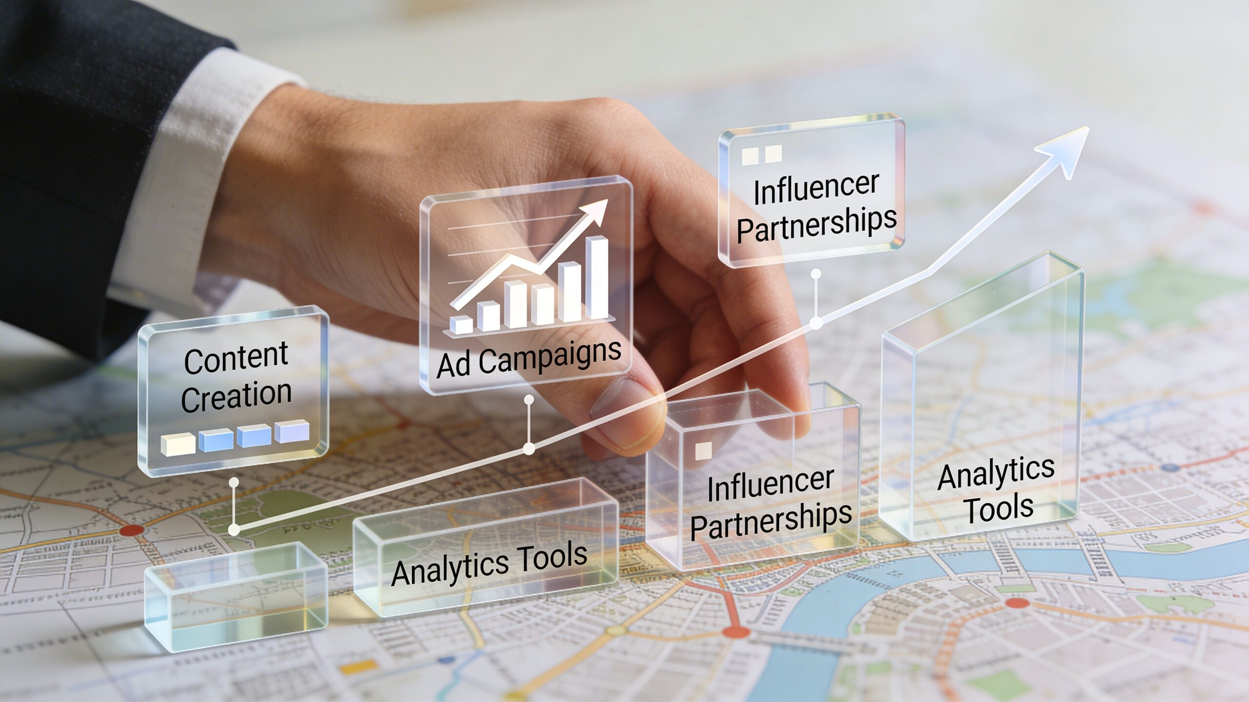 A hand placing transparent holographic icons representing social media marketing strategies over a detailed city map.