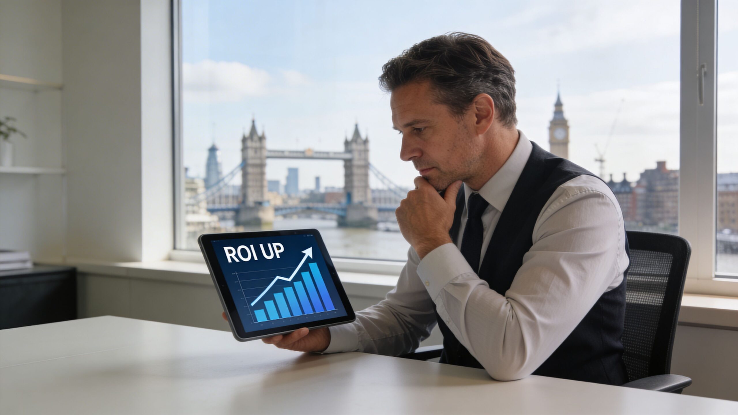 A professional man holding a tablet displaying a rising ROI chart with Tower Bridge in the background.