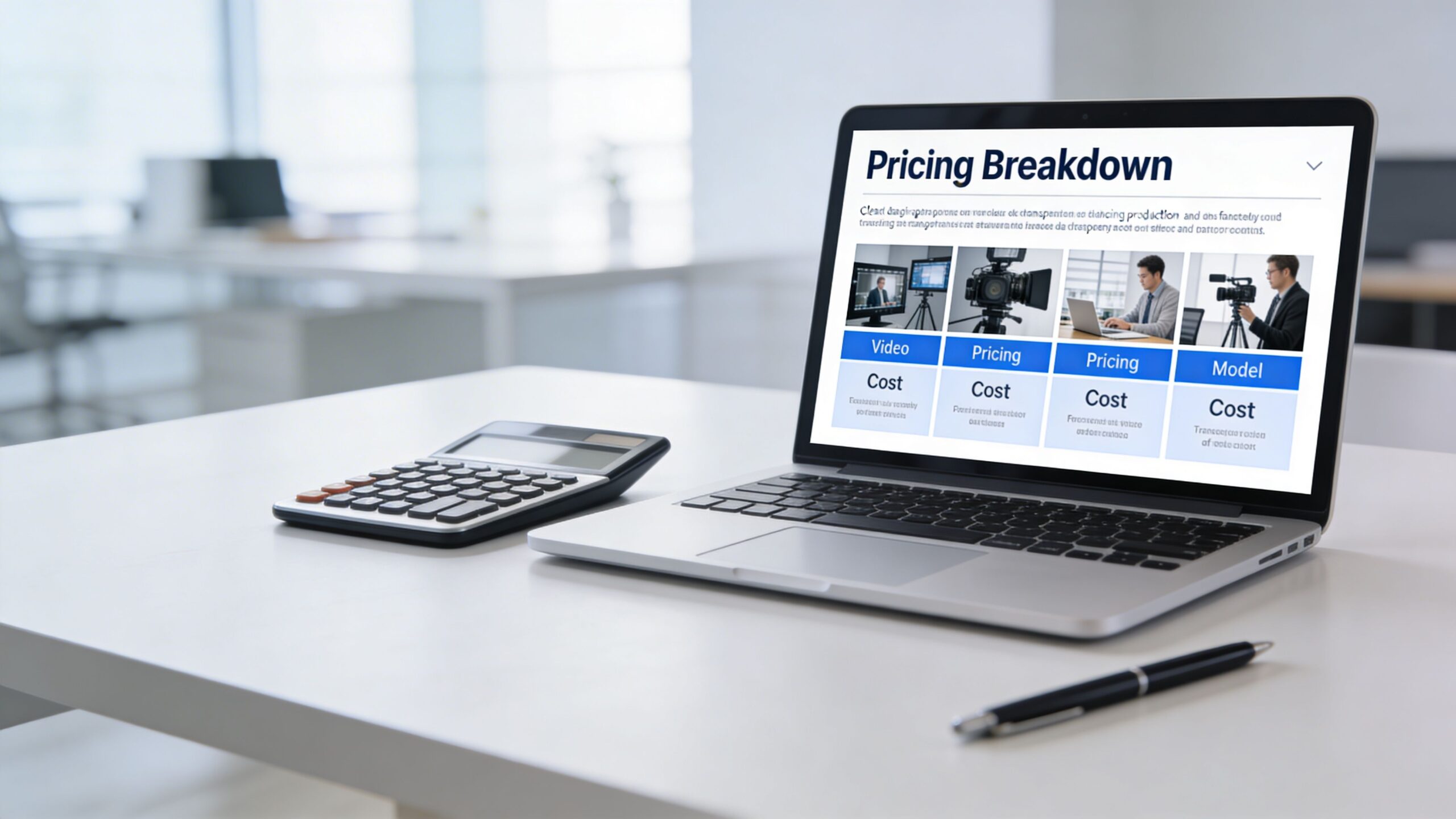 A laptop screen displaying a video production pricing breakdown with a calculator and pen on a desk.