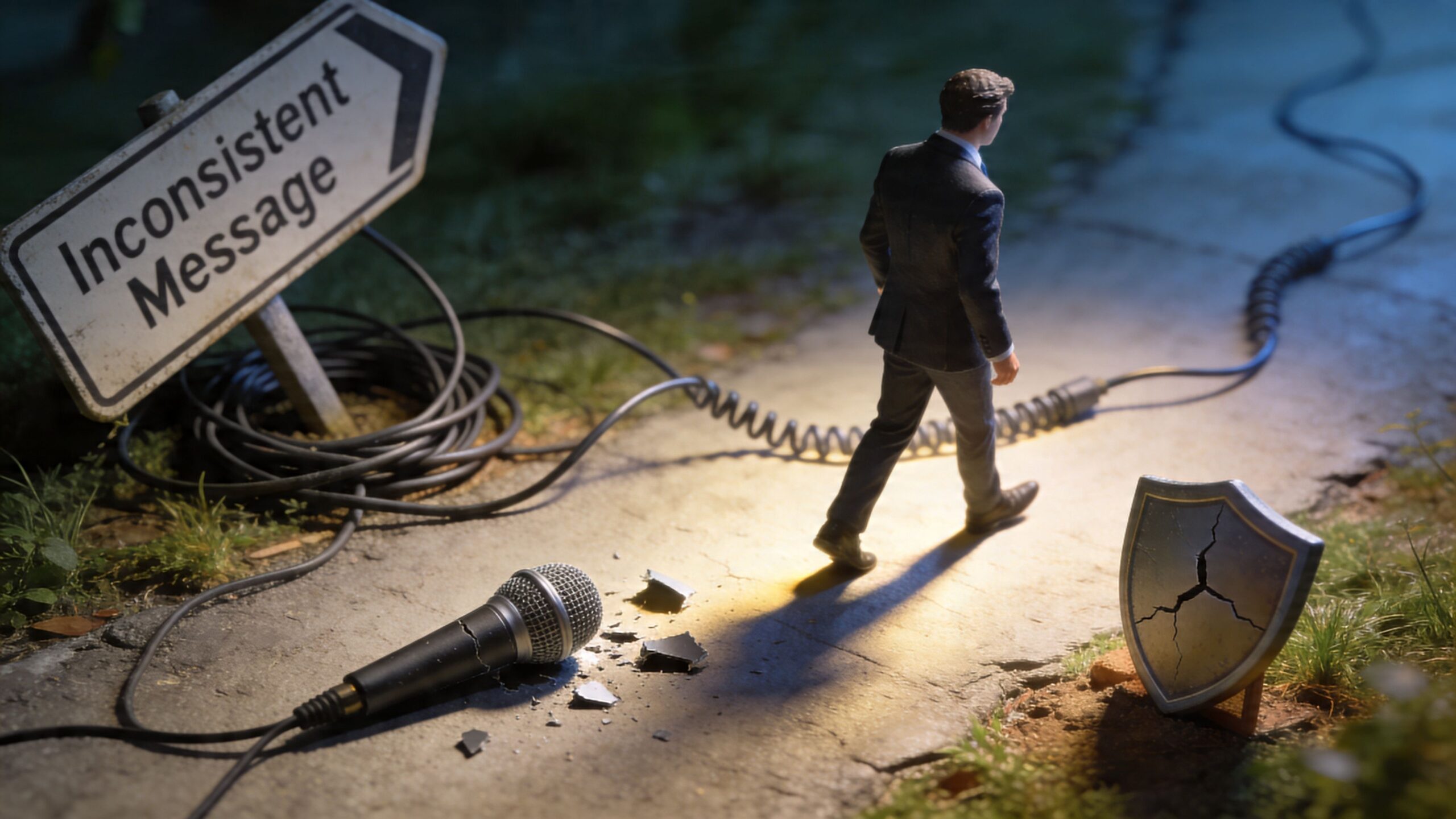 A businessman walks past a broken microphone and a cracked shield under an Inconsistent Message sign.