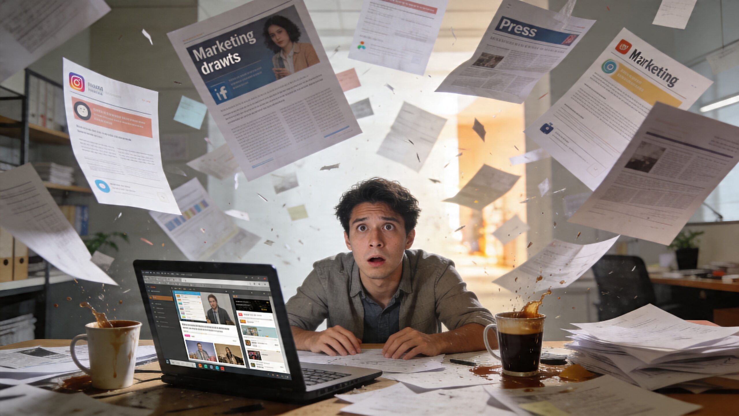 A man looking overwhelmed at his desk surrounded by flying papers and spilling coffee during work.