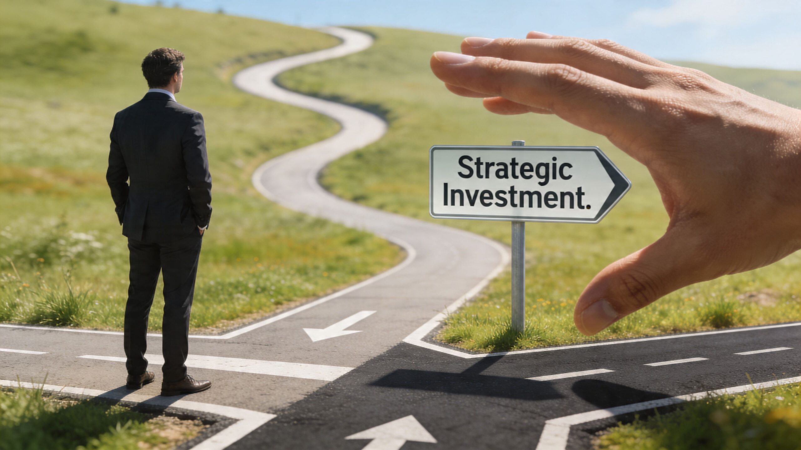 A businessman standing at a crossroad looking towards a path guided by a Strategic Investment sign.