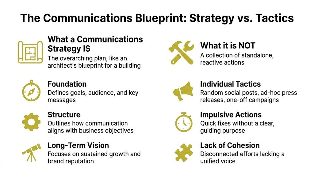 An infographic comparing communications strategy and tactics with icons, defining strategic planning versus random reactive actions.