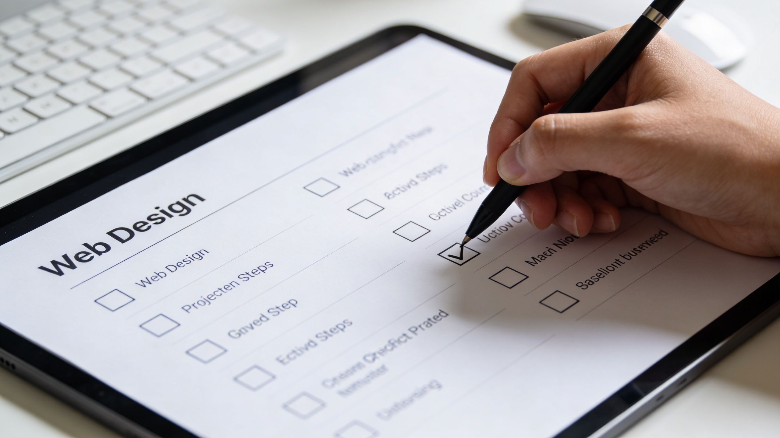 A hand using a stylus to check off a task on a digital web design checklist.