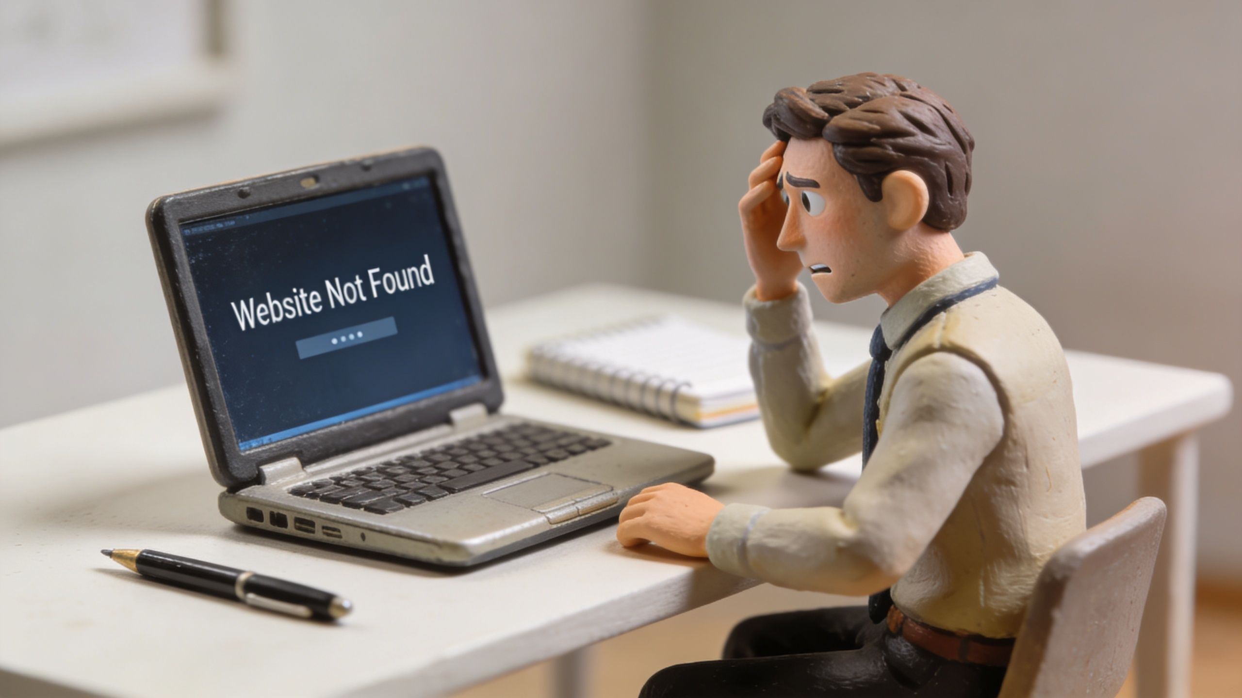 A claymation-style figure of a stressed office worker sitting at a desk looking at a laptop screen.