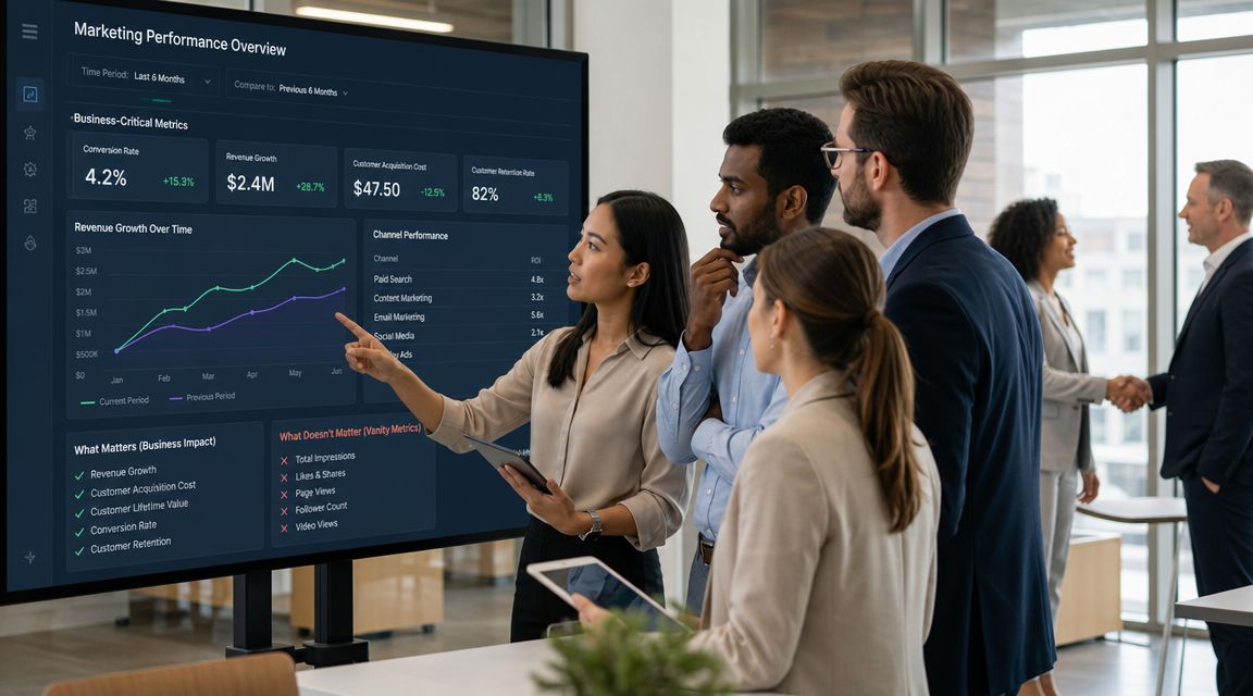 A professional team reviews digital marketing performance metrics on a large screen during an office meeting.