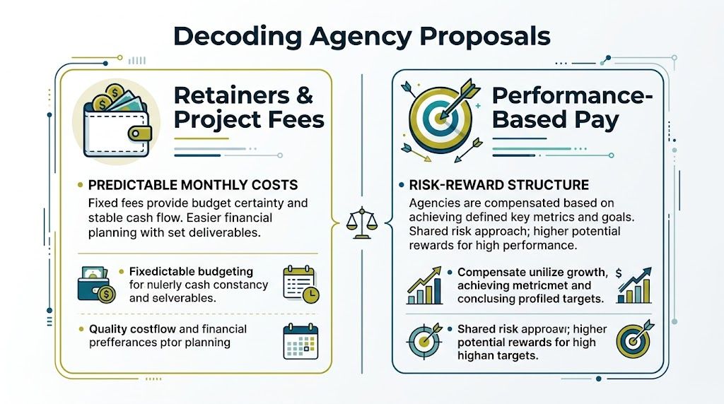 An infographic comparing retainer and project-based agency fees versus performance-based pay models for business marketing.