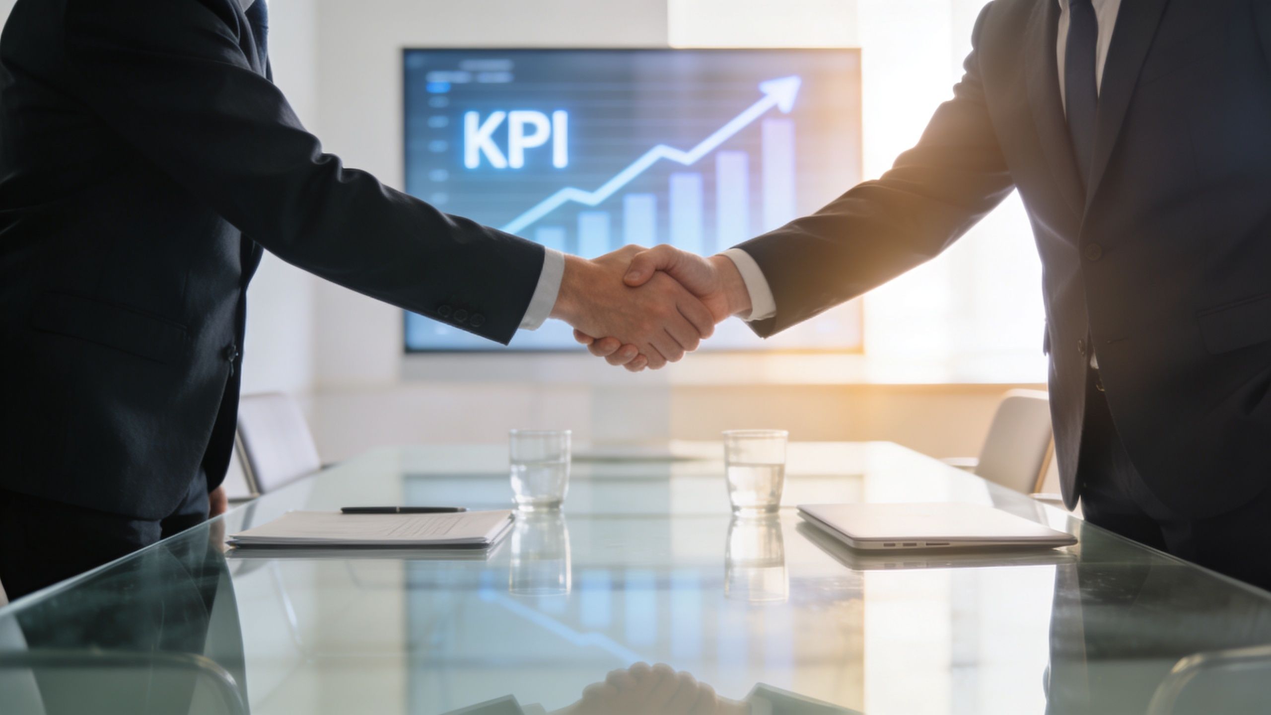 Two business professionals shaking hands in a boardroom with a KPI growth chart displayed on a screen.