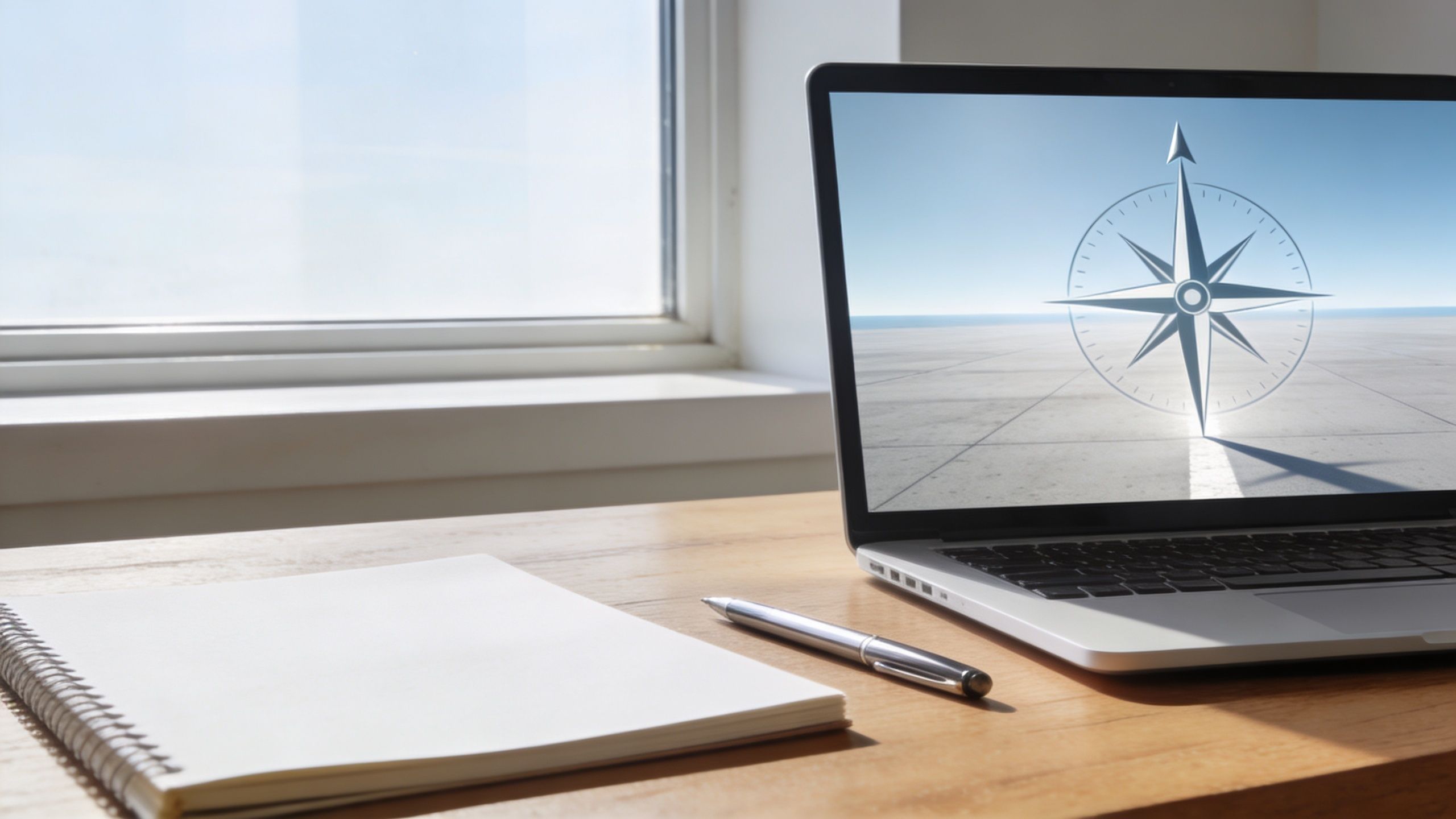 A modern laptop displaying a navigation compass on its screen placed on a desk next to a notebook.