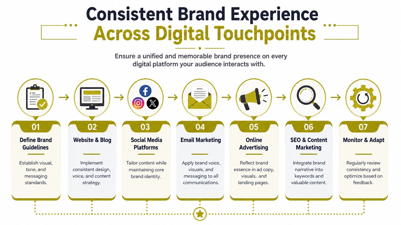A seven-step flowchart illustrating strategies for maintaining a consistent brand experience across various digital marketing touchpoints.