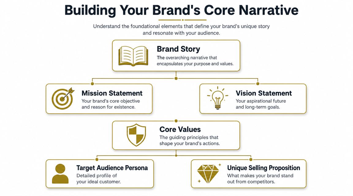 A diagram illustrating the foundational components for building a brand's core narrative and business strategy.